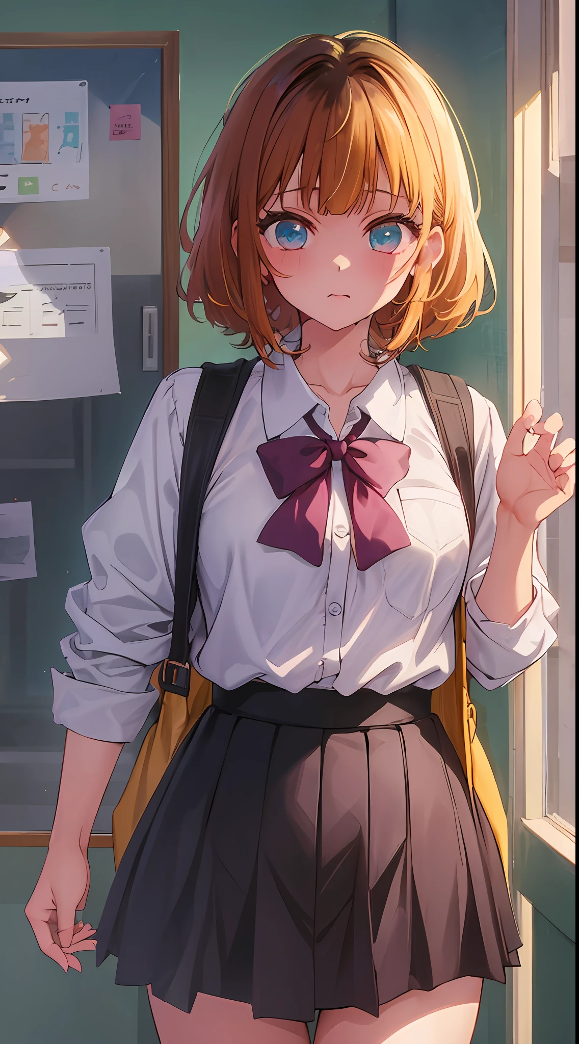 Main girl is beautiful and cute, full body, full body illustration, best illustration, , realistic and elaborate uniform, high school uniform, ((highest quality)), ((masterpiece)), (detail: 1.4), anatomical, award-winning concept art, beautiful, fine details, portrait, look viewer, (full body view)), 1 girl, full body, solo, 6 years old, elementary schnt, child air, short hair, Blue and pies, big eyes, dark brown blazer, maroon sweater, checked skirt, dark green and maroon skirt, black hiso, orange large ribbon, white blouse, underwear, panties, skirt, white panties, wet, shirt, wet clothes, skirt lift, blush, classroom, navel,lift below chest, clothes lift, easy background, lifting clothes, school uniform, Japan cute school uniform, blazer, look away, short sleeve, loli, skinny, elementary, loli, baby face, cute, young appearanc fantastic visual depictio profeffect, beautiful girl, petite girl, sweaty transparent clothes, uneven, absurdity,heel up loafers,gon and brown hair, blue and pink eyes, main girl is beautiful and cute