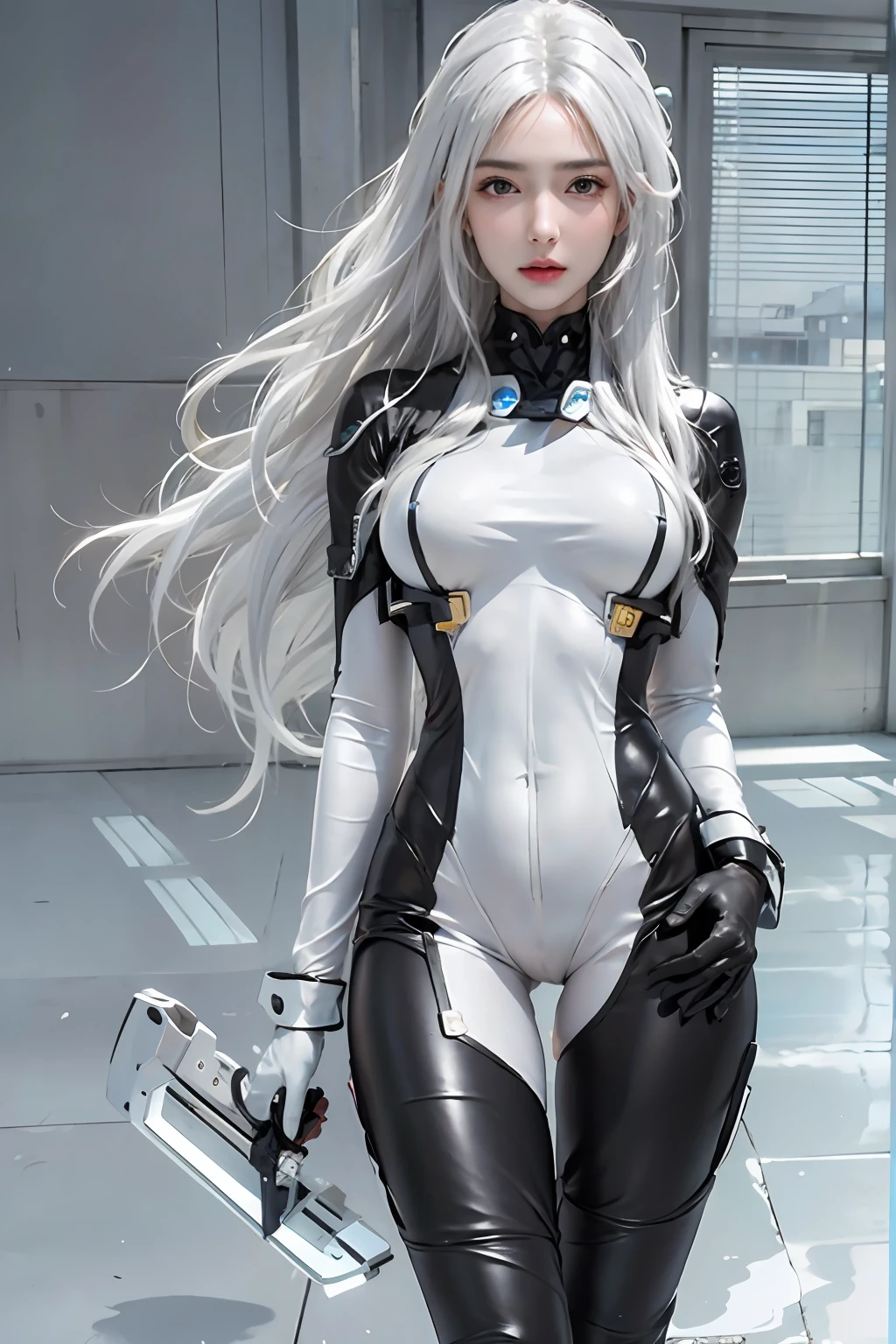 photorealistic, high resolution, 1women, solo, hips up, look at viewer, (detailed face), white hair, long hair, gantz, reika\(bodysuit\), black suit