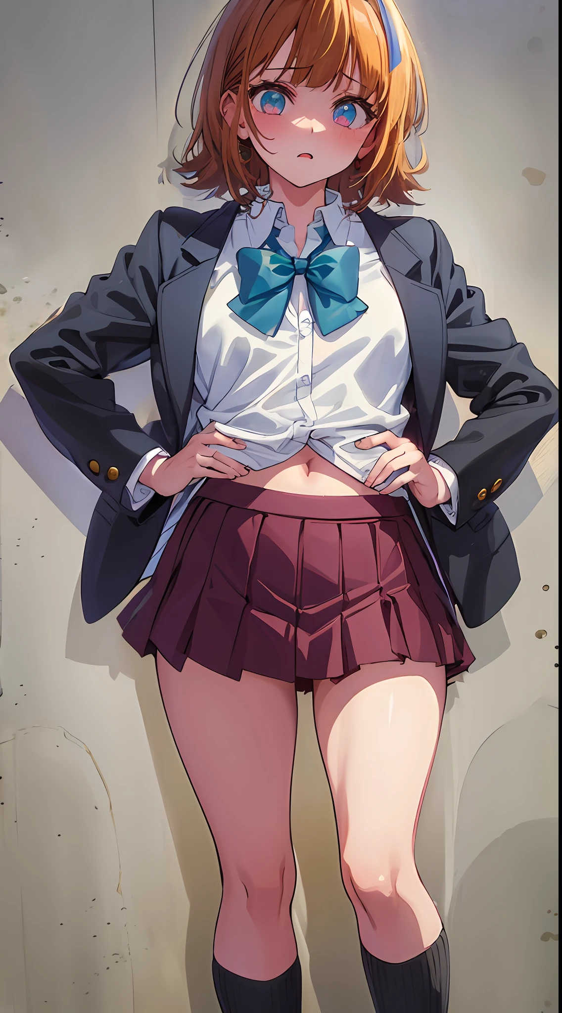 Main girl is beautiful and cute, full body, full body illustration, best illustration, , realistic and elaborate uniform, high school uniform, ((highest quality)), ((masterpiece)), (detail: 1.4), anatomical, award-winning concept art, beautiful, fine details, portrait, look viewer, (full body view)), 1 girl, full body, solo, 6 years old, elementary schnt, child air, short hair, Blue and pies, big eyes, dark brown blazer, maroon sweater, checked skirt, dark green and maroon skirt, black hiso, orange large ribbon, white blouse, underwear, panties, skirt, white panties, wet, shirt, wet clothes, skirt lift, blush, classroom, navel,lift below chest, clothes lift, easy background, lifting clothes, school uniform, Japan cute school uniform, blazer, look away, short sleeve, loli, skinny, elementary, loli, baby face, cute, young appearanc fantastic visual depictio profeffect, beautiful girl, petite girl, sweaty transparent clothes, uneven, absurdity,heel up loafers,gon and brown hair, blue and pink eyes, main girl is beautiful and cute