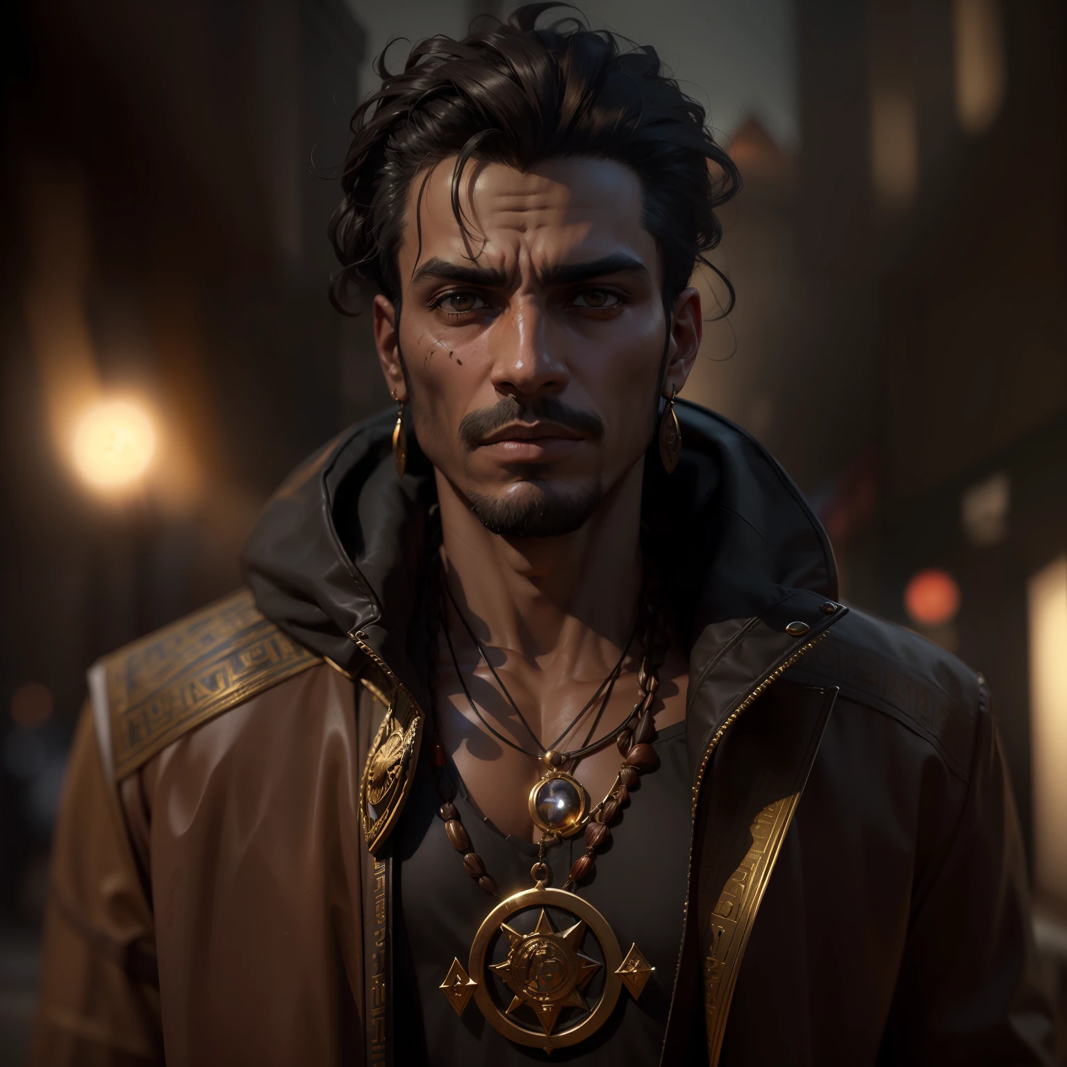 (
(Character: one egyptian man, occultist, traits:1.5, black skin:1.4)
(Clothing: brown coat with egyptian symbols, egyptian amulets, egyptian tattoos)
(Pose: upper body shot:1.7, dynamic pose)
(blurry, intense urban lights in background, brown color scheme:1.3)
(Style: ((masterpiece:1.5)), (face detailed), photo-realistic:1.3, hyperrealistic, film grain, realistic lighting)