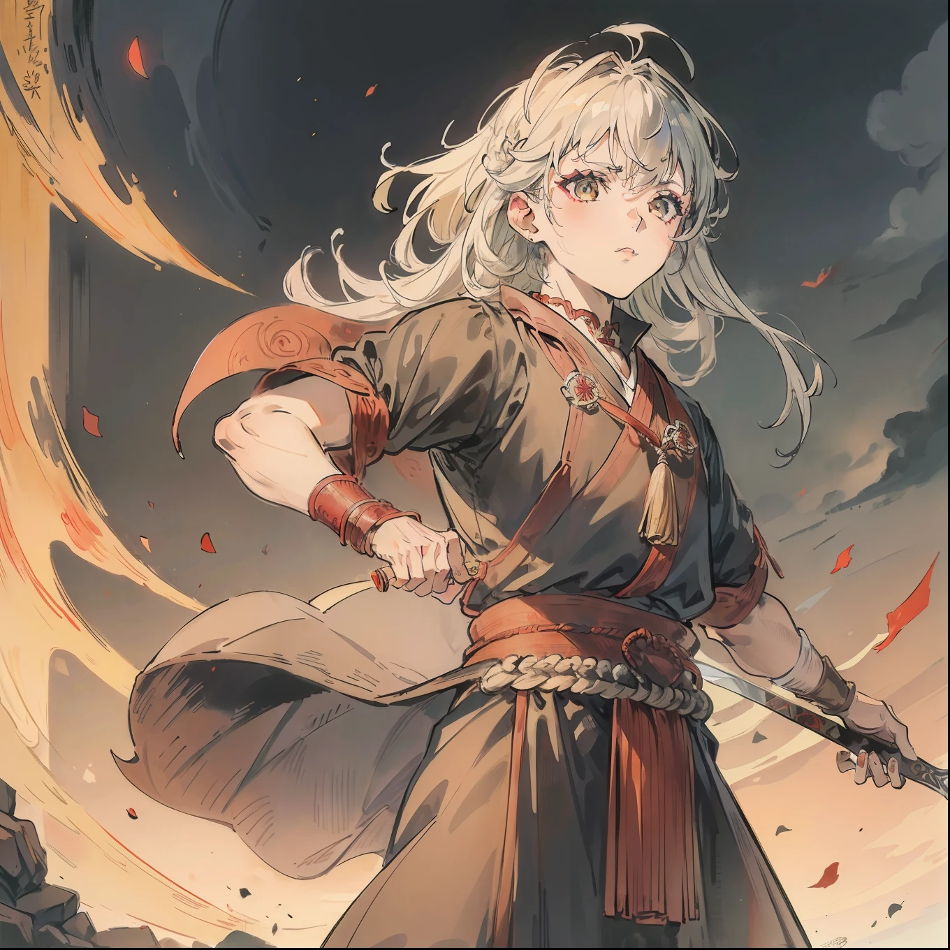 warrior white hair sword in hand, Strokes Kentaro Miura, Berserk traits, manga kentaro miura ((guerreiro capa vermelha)) 1boy cabelo preto, pele suja, armadura preta brilhante, 1girl cabelos verdes, pele morena, garota com roupa velha e resgada apoiada no rapaz