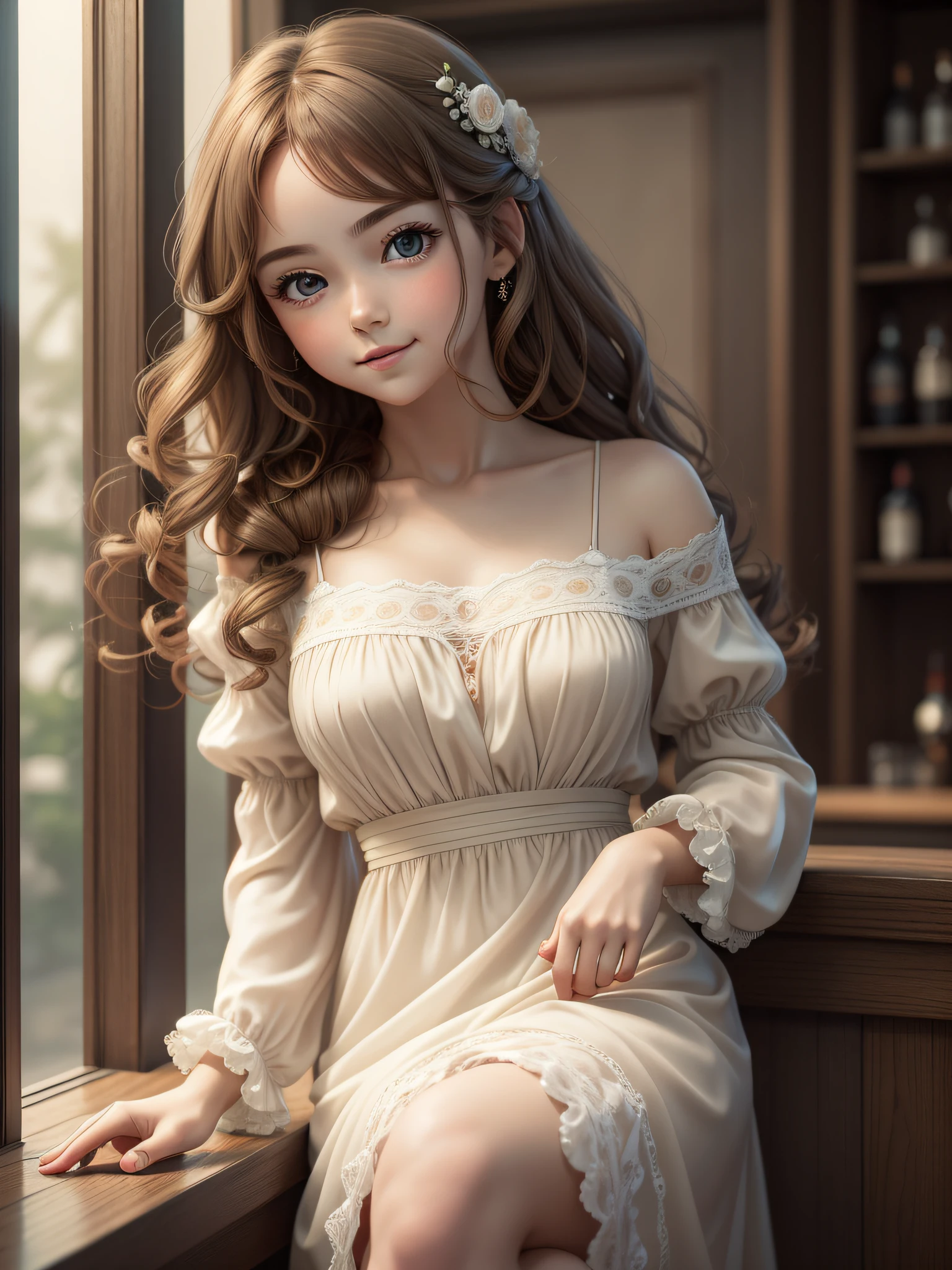 (masterpiece), best quality. young caucasian woman leaning against the bar, medium shot, delicate skin, almond eyes, beautiful and charming smile. kawaii and niji style with meticulous attention to detail. She has long curly brown hair and is wrapped in a fantastic dress with fabulous fabric in shades of light orange and light black. Ethereal and charming. Camera: Canon EOS R5, Lens: RF 50mm f/1.2L USM, Aperture: f/2.8, ISO: 100, Shutter speed: 1/200 sec, High res for website, insanely detailed, hyper-realistic, cinematic light, complex, hdr, uhd, 32k
