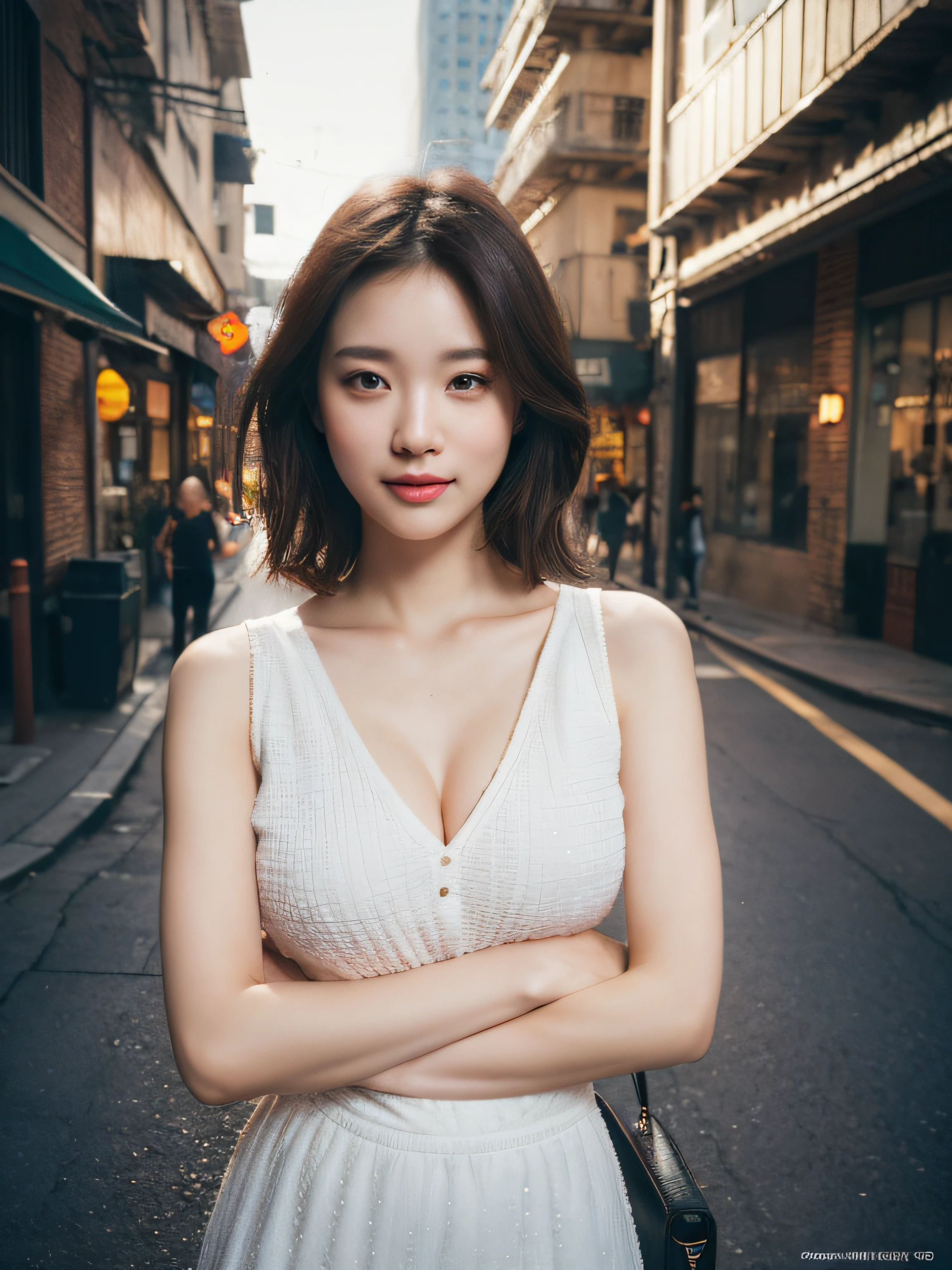 1girl, smile, (((medium breast))), (((bokeh))),depth of field, cute face, looking at the viewer, masterpiece, modelshoot style, cleavage, full body portrait, sexy pose, ((8k, RAW photo, highest quality, masterpiece), High detail RAW color photo professional photo, (realistic, photo realism:1. 37), (highest quality), (best shadow), (best illustration), ultra high resolution, highly detailed CG unified 8K wallpapers, physics-based rendering, cinematic lighting), detailed street background