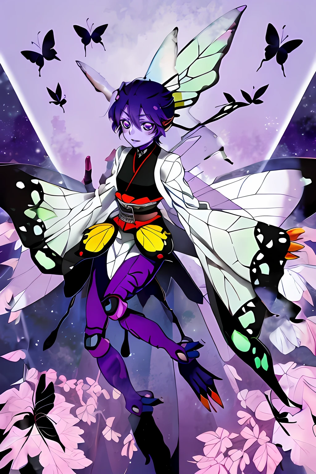 Kochou Shinobu as a Digimon, 1girl,masterpiece, multicolored hair, long sleeves, purple eyes, Insect , fairy  ,Butterfly like, digimon\(creature\),((Purple Skin)), Butterfly wing, Insectoid arms ((,insect limbs))