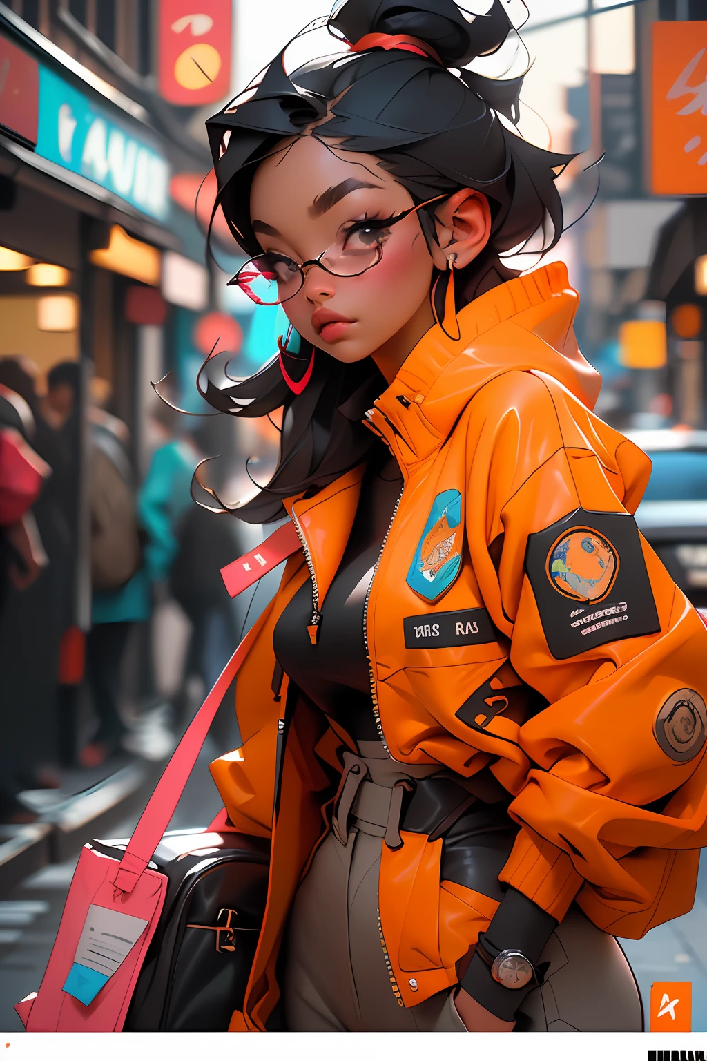 ((Melhor qualidade)), ((obra-prima)), ((realista)) e fotografia ultra-detalhada de uma garota 1nerd com fones de ouvido neon. Corpo inteiro. Ela tem ((cabelo preto)), is wearing an orange techwear jacket, e exala uma vibe ((beautiful and aesthetic)) .