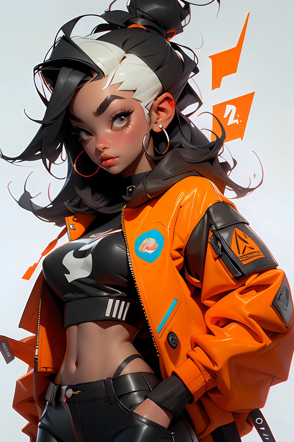 ((Melhor qualidade)), ((obra-prima)), ((realista)) e fotografia ultra-detalhada de uma garota 1nerd com fones de ouvido neon. Corpo inteiro. Ela tem ((cabelo preto)), is wearing an orange techwear jacket, e exala uma vibe ((beautiful and aesthetic)) .