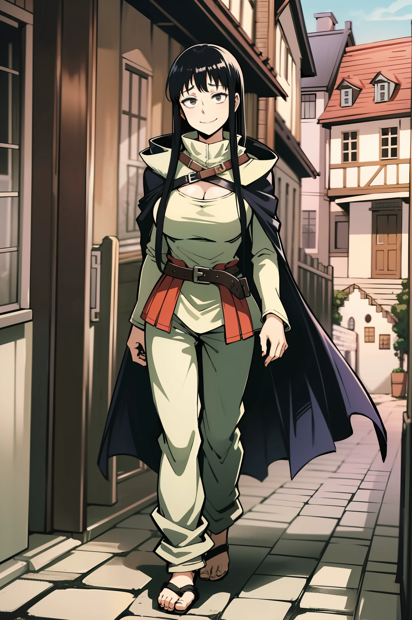 koumori_kuroko, black hair, hime cut, walking,pants, long hair, medium breast, 1girl, cloak, blacl cloths,, medieval, smile, black eyes,baggy eyes, wizard, village, traditional german cloths, long hair, flip flops, medieval village, europe