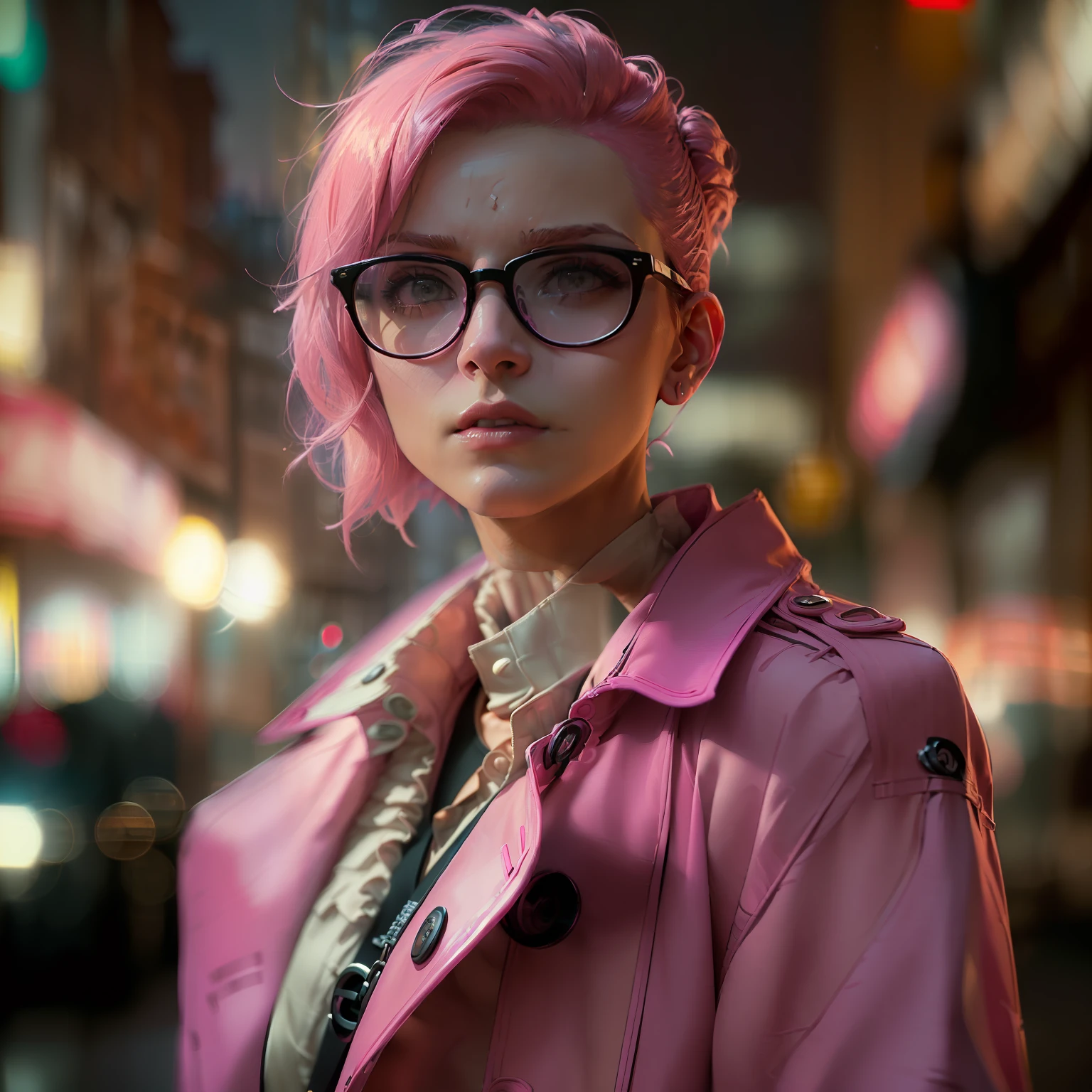 (
(Character: one french woman, detective, slim body, slim, pink hair. shaved side haircut)
(Clothing: pink trench coat, black shirt, glasses)
(Pose: upper body shot:1.7, dynamic pose)
(blurry, intense urban lights in background, pink color scheme:1.3)
(Style: ((masterpiece:1.5)), (face detailed), photo-realistic:1.3, hyperrealistic, film grain, realistic lighting)