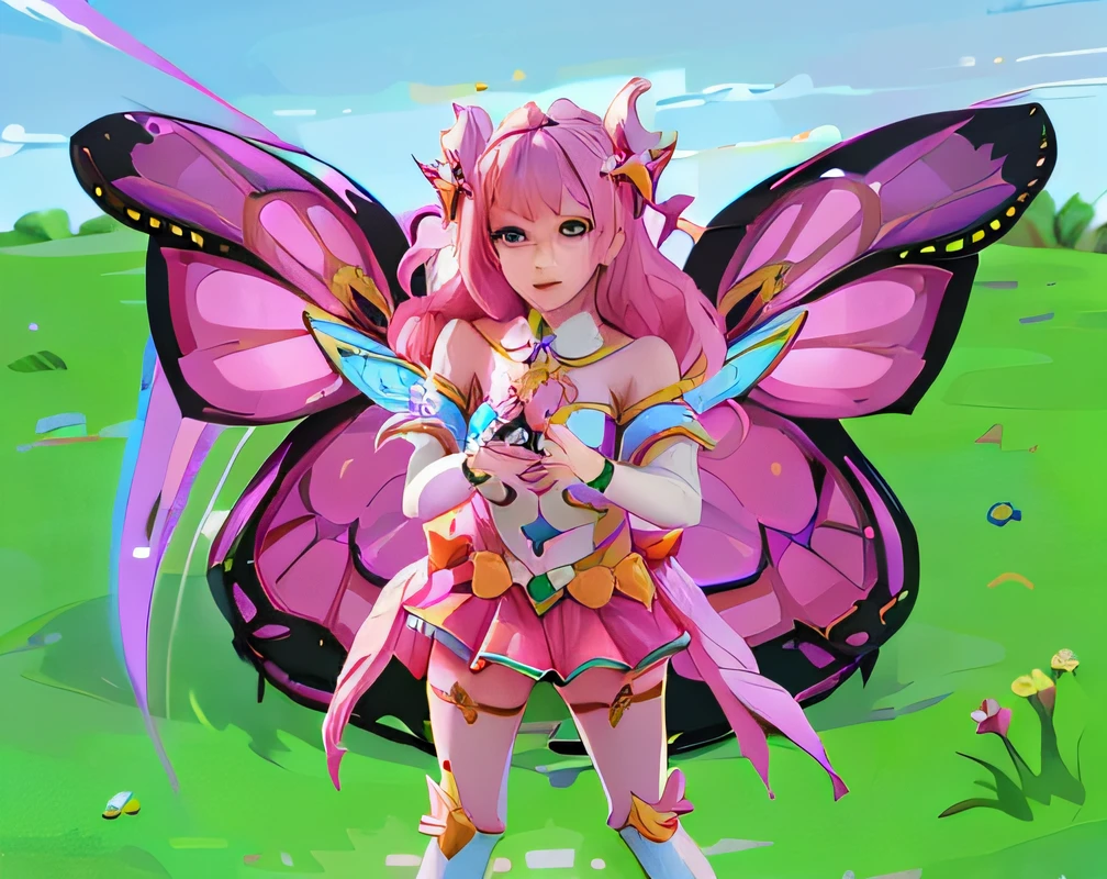 There is a cartoon picture of a girl with butterfly wings, pudica pose, holding a pudica pose, aesthetic cute with flutter, tchibi, fantasyoutfit, Robrock avatar, pink twintail hair and cyan eyes, slick pink armor, shining pink armor, insect trainer girl, butterfly squid, y 2 k cutecore clowncore, lineless