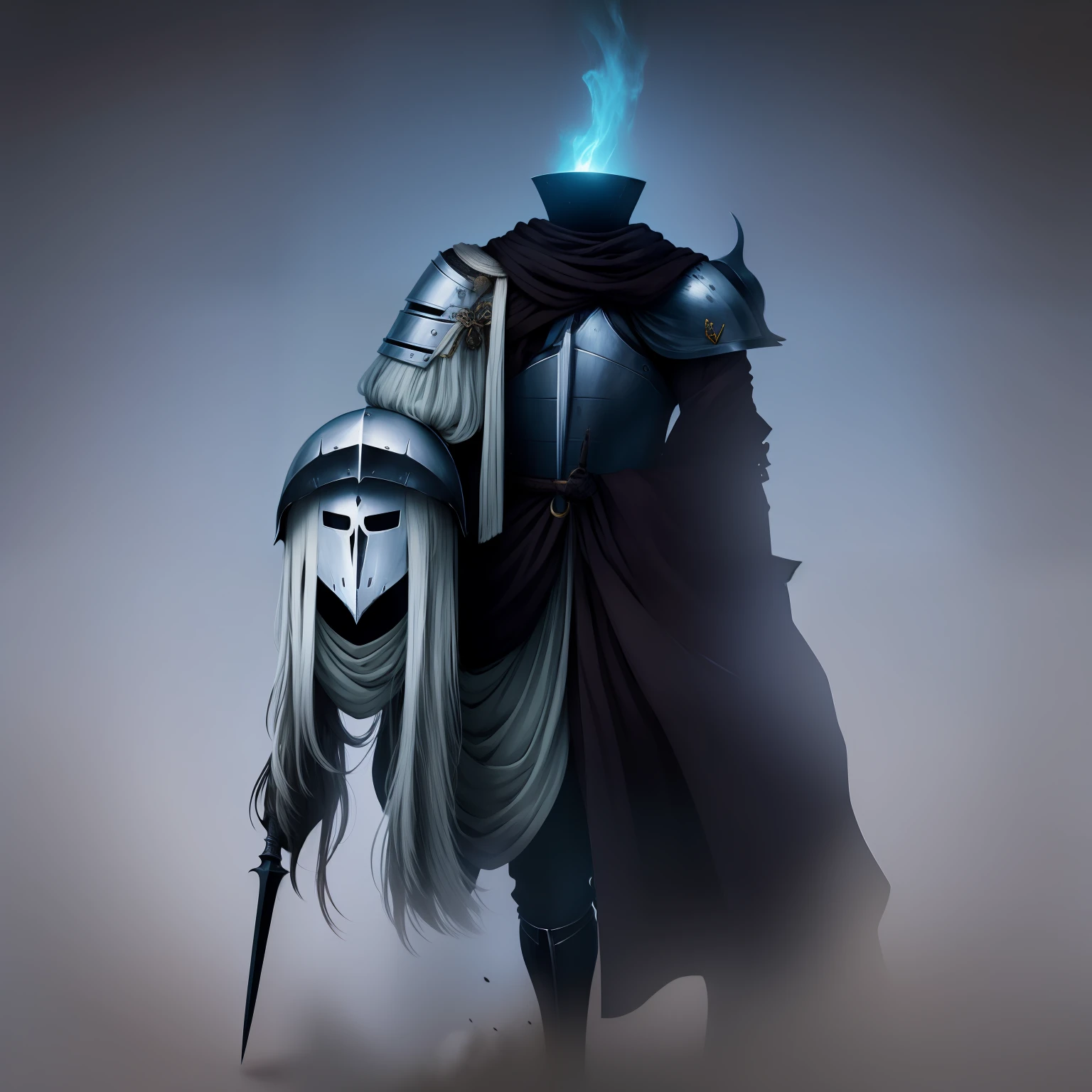 (((Headless Knight))),cavaleiro, ((masculino)),Dullahan, He lost his mind,souls coming out of your neck, Armadura medieval, Head with helmet,espada longa em suas costas,1Homen,,cabelos na cor cinza,olhos roxos brilhantes, gloomy setting,luz em tons de terror, Head with helmet