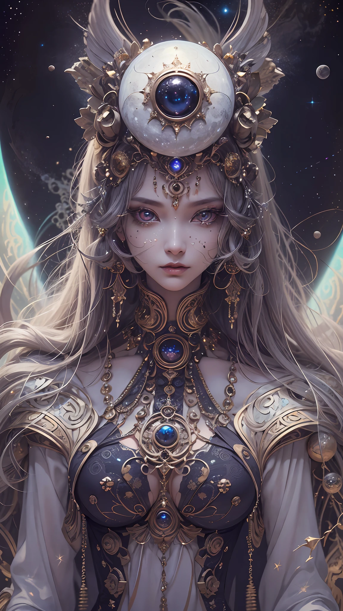 (best qualtiy,ultra - detailed,Most Best Illustration,Best shadow,tmasterpiece,A high resolution,professionalartwork,famousartwork),Detailed eyes,beautidful eyes,closeup cleavage,sci-fy,colored sclera,Robot eyes,face markings,Tattooed with,(fractalized,Fractal eyes),largeeyes,Wide eyes,(Eye focus),sface focus,Cosmic eyes,Space eyes,Close-up of metal sculpture of a woman with a moon in her hair,goddes。extremly high detail,3 d goddess portrait,Extremely detailed footage of the goddess,a stunning portrait of a goddess,Side image of the goddess,portrait of a beautiful goddess,Full body close-up portrait of the goddess,hecate goddess,portrait of a norse moon goddess,goddess of space and time
