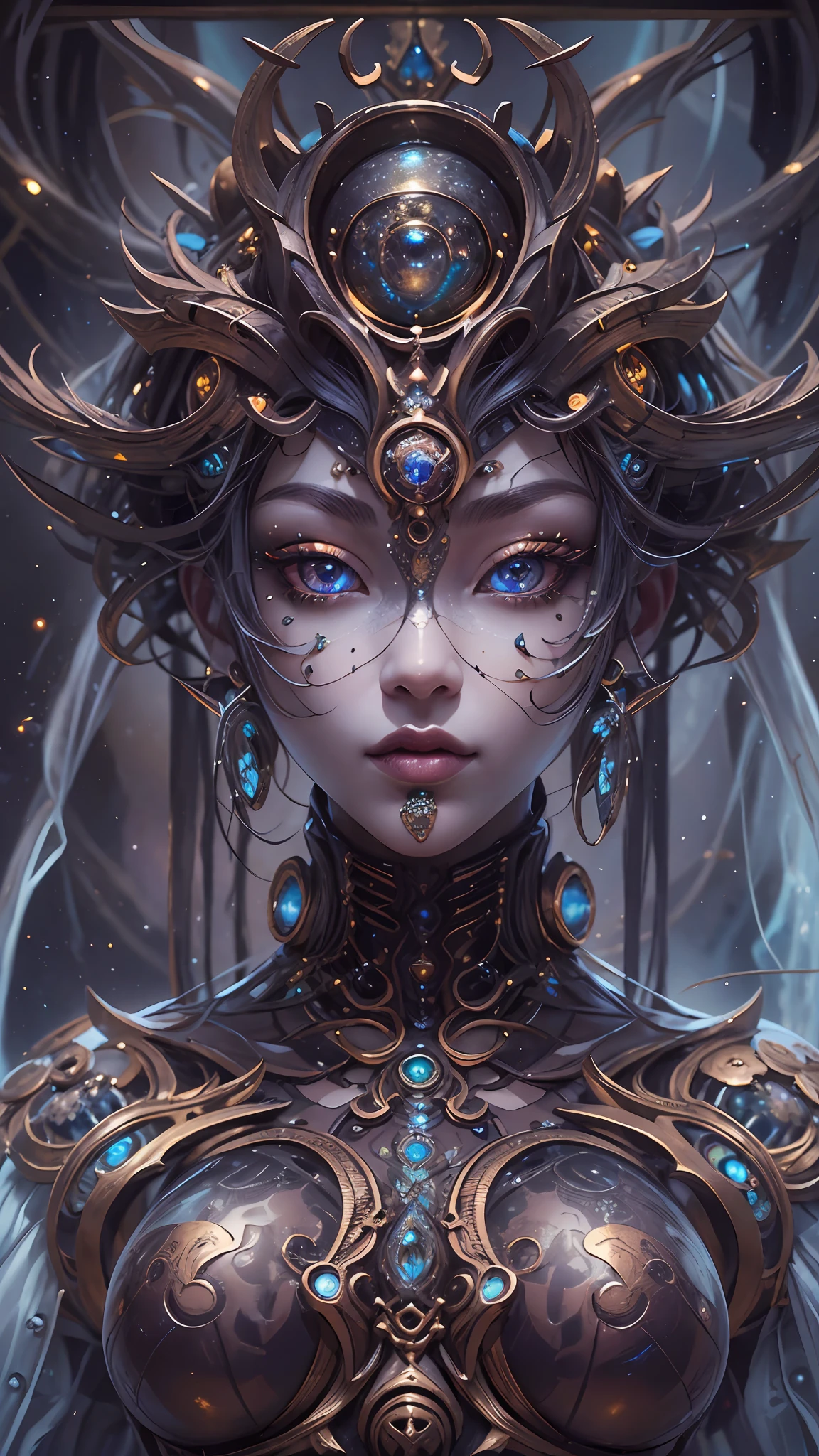 (best qualtiy,ultra - detailed,Most Best Illustration,Best shadow,tmasterpiece,A high resolution,professionalartwork,famousartwork),Detailed eyes,beautidful eyes,closeup cleavage,sci-fy,colored sclera,Robot eyes,face markings,Tattooed with,(fractalized,Fractal eyes),largeeyes,Wide eyes,(Eye focus),sface focus,Cosmic eyes,Space eyes,Close-up of metal sculpture of a woman with a moon in her hair,goddes。extremly high detail,3 d goddess portrait,Extremely detailed footage of the goddess,a stunning portrait of a goddess,Side image of the goddess,portrait of a beautiful goddess,Full body close-up portrait of the goddess,hecate goddess,portrait of a norse moon goddess,goddess of space and time