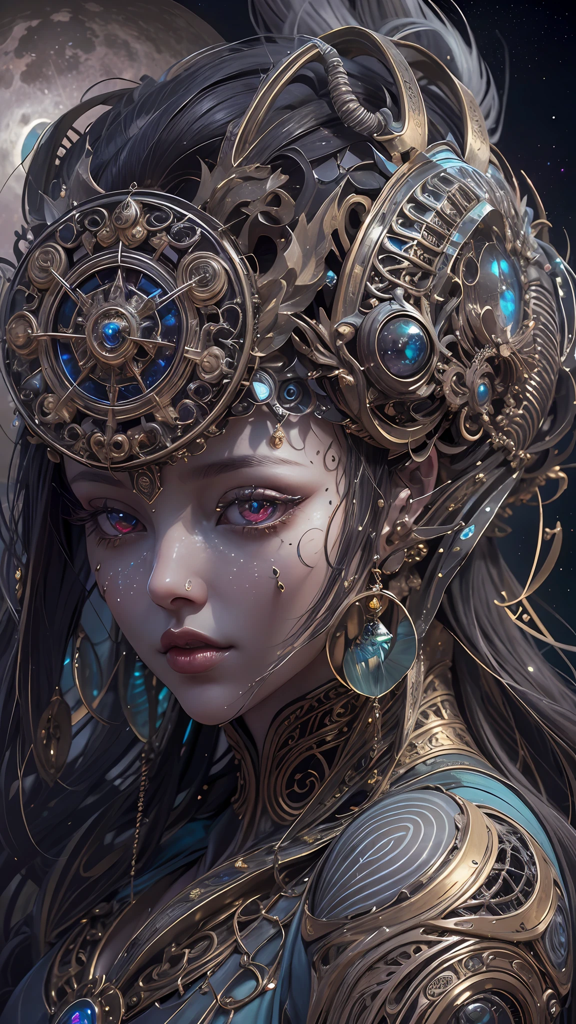 （best qualtiy，ultra - detailed，Most Best Illustration，Best shadow，tmasterpiece，A high resolution，professionalartwork，famousartwork），Detailed eyes，beautidful eyes，closeup cleavage，sci-fy，colored sclera，Robot eyes，face markings，Tattooed with，（fractalized，Fractal eyes），largeeyes，Wide eyes，（Eye focus），sface focus，Cosmic eyes，Space eyes，Close-up of metal sculpture of a woman with a moon in her hair，goddes。extremly high detail，3 d goddess portrait，Extremely detailed footage of the goddess，a stunning portrait of a goddess，Side image of the goddess，portrait of a beautiful goddess，Full body close-up portrait of the goddess，hecate goddess，portrait of a norse moon goddess，goddess of space and time