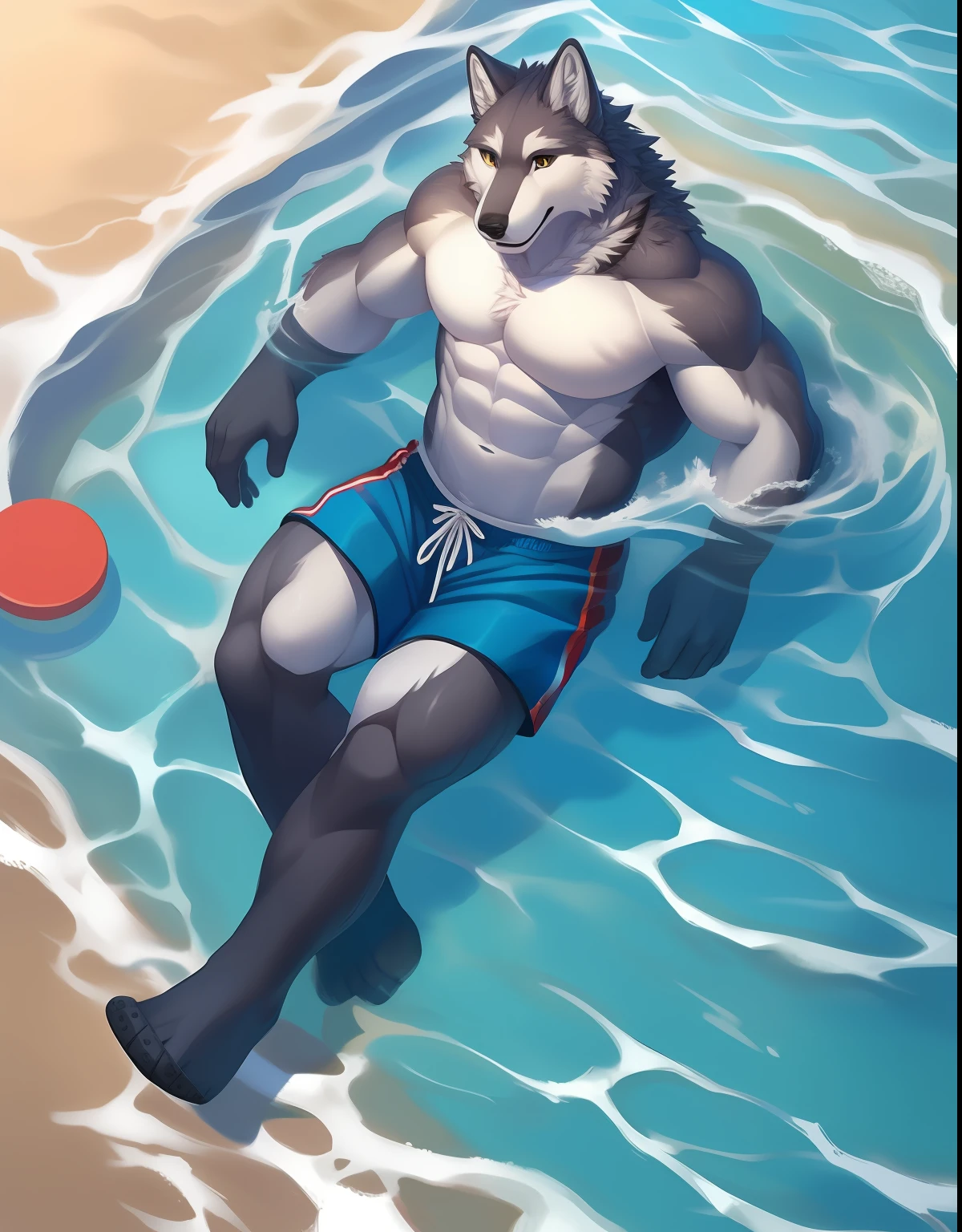 Furry muscular gray wolf Japanese thick painting style sexy swimming circle seaside semi-naked floating on the surface of the water white swimming trunks man