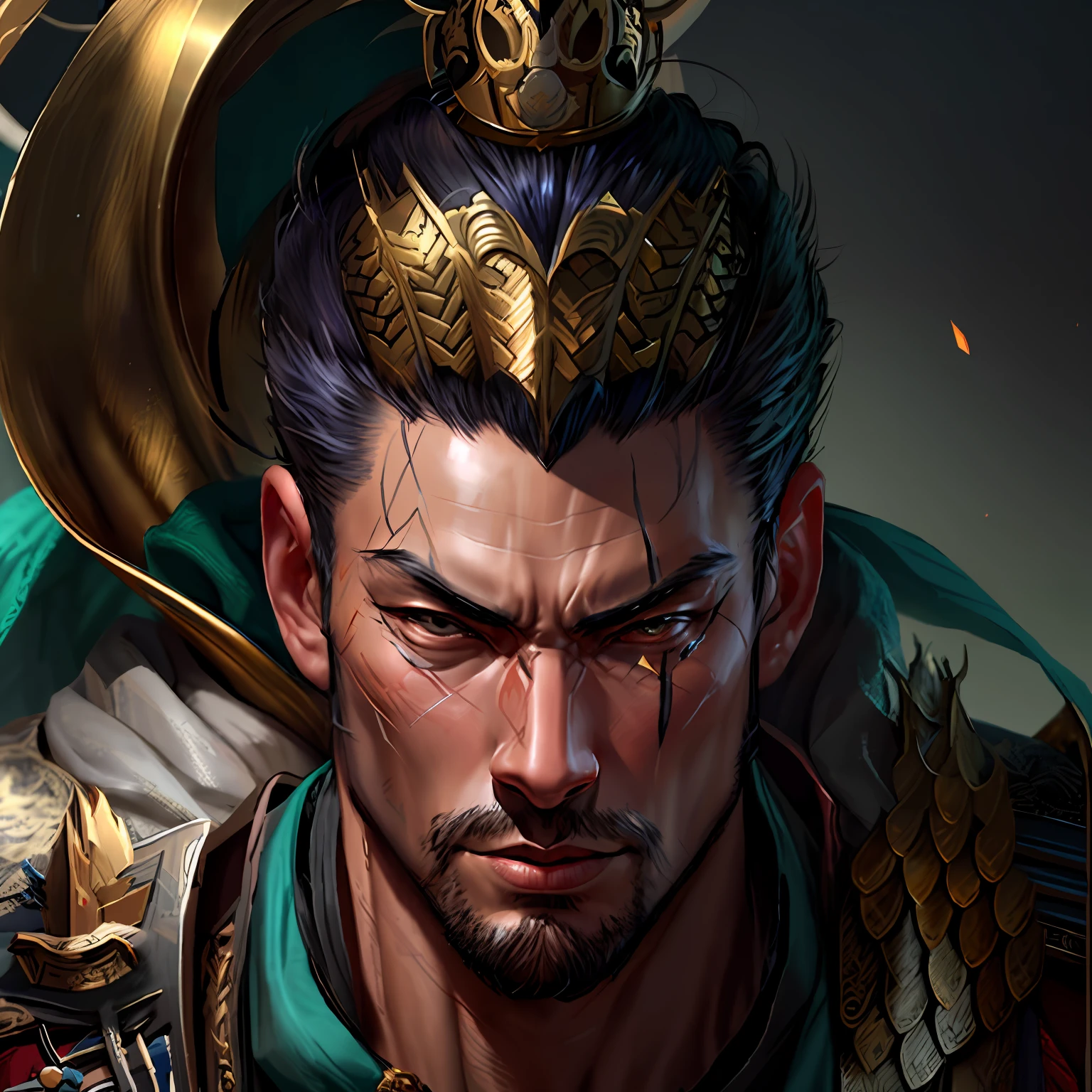 a close up of a man with a crown on his head, by Yang J, inspired by Li Kan, fantasy male portrait, inspired by Huang Shen, portrait of a male warrior, inspired by Guan Daosheng, fantasy concept art portrait, portrait of a warrior, by Fan Qi, inspired by Hu Zaobin, inspired by Wu Bin