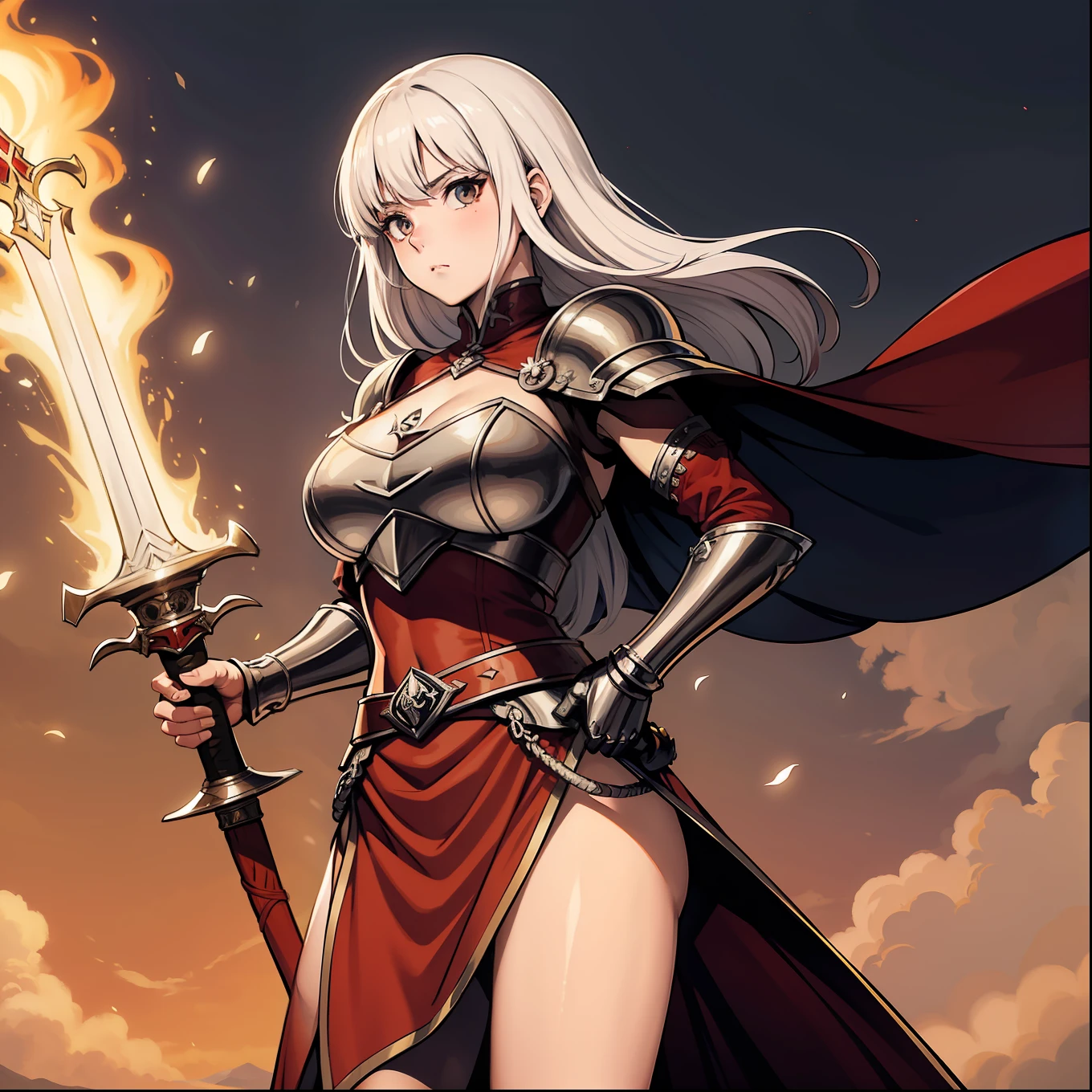 warrior white hair sword in hand, Strokes Kentaro Miura, Berserk traits, manga kentaro miura ((guerreiro capa vermelha)) 1boy cabelo preto, pele suja, armadura preta brilhante, 1girl cabelos verdes, pele morena, garota com roupa velha e resgada apoiada no rapaz