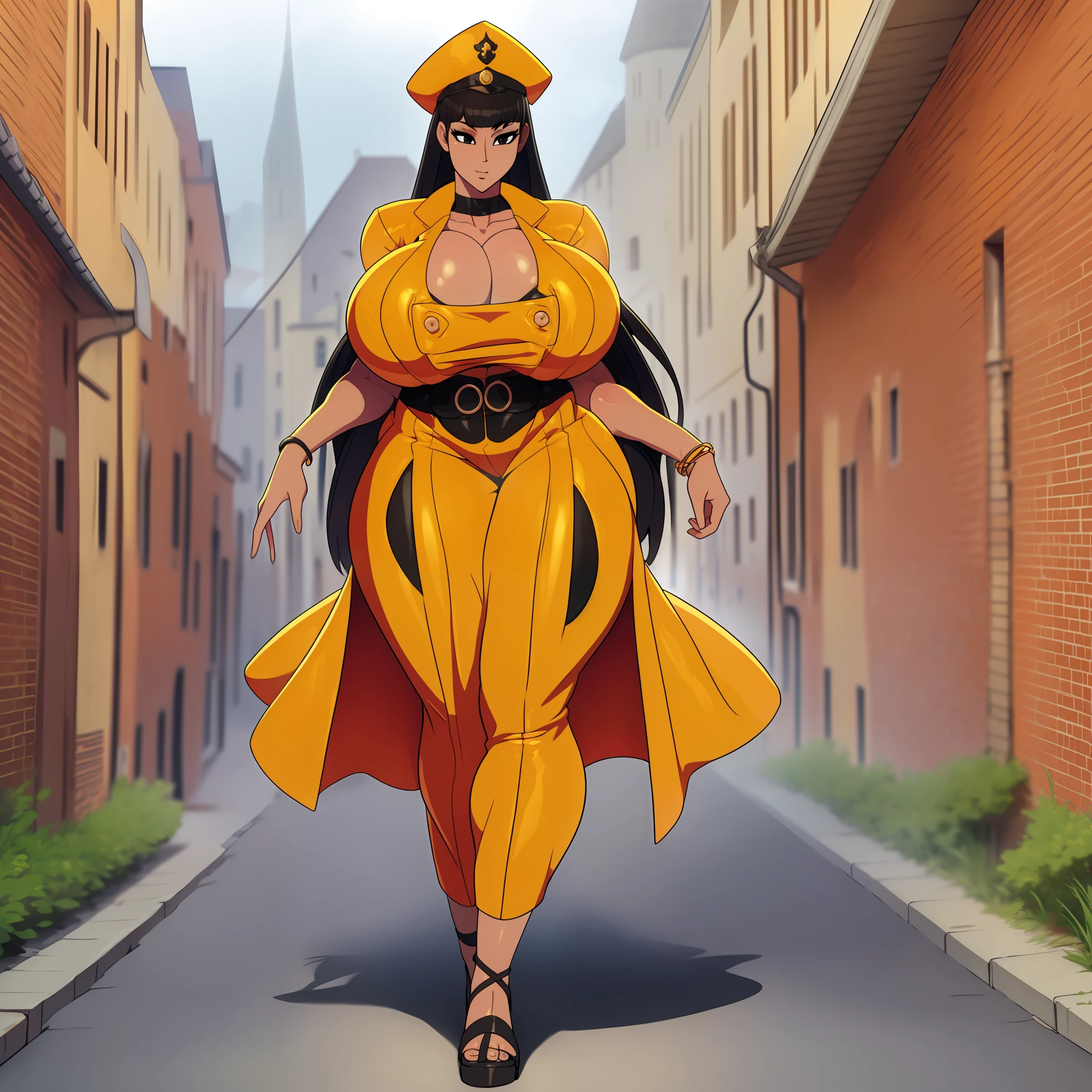 mature, female, black hair, bimbo, huge breast, long hair, hime cut, full body, vest , long robe, white skinn, walking, wizard, europe, rpg, fantasy, hat