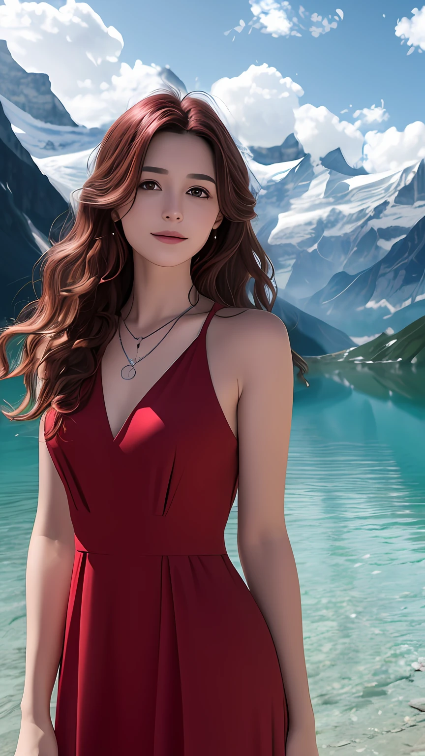 masterpiece,ultra realistic,32k,extremely detailed CG unity 8k wallpaper, best quality,
The Swiss Alps, Switzerland, ( Dark red A-line dress ) ,((spring day )), Beachy waves with a side part ,eardrop,lady ,necklace,