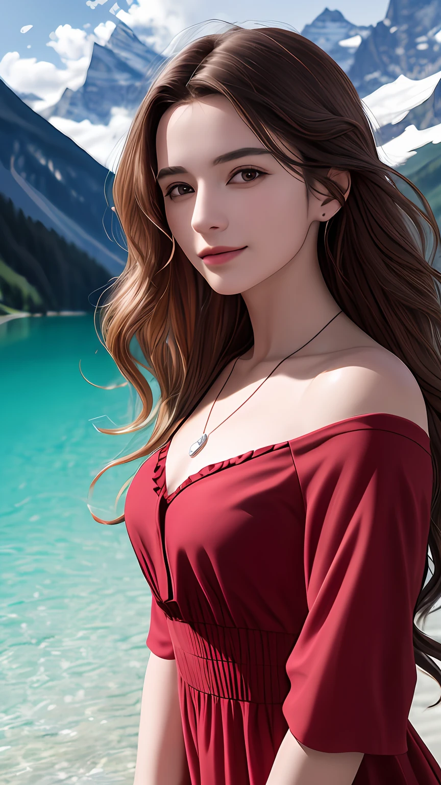 masterpiece,ultra realistic,32k,extremely detailed CG unity 8k wallpaper, best quality,
The Swiss Alps, Switzerland, ( Dark red A-line dress ) ,((spring day )), Beachy waves with a side part ,eardrop,lady ,necklace,