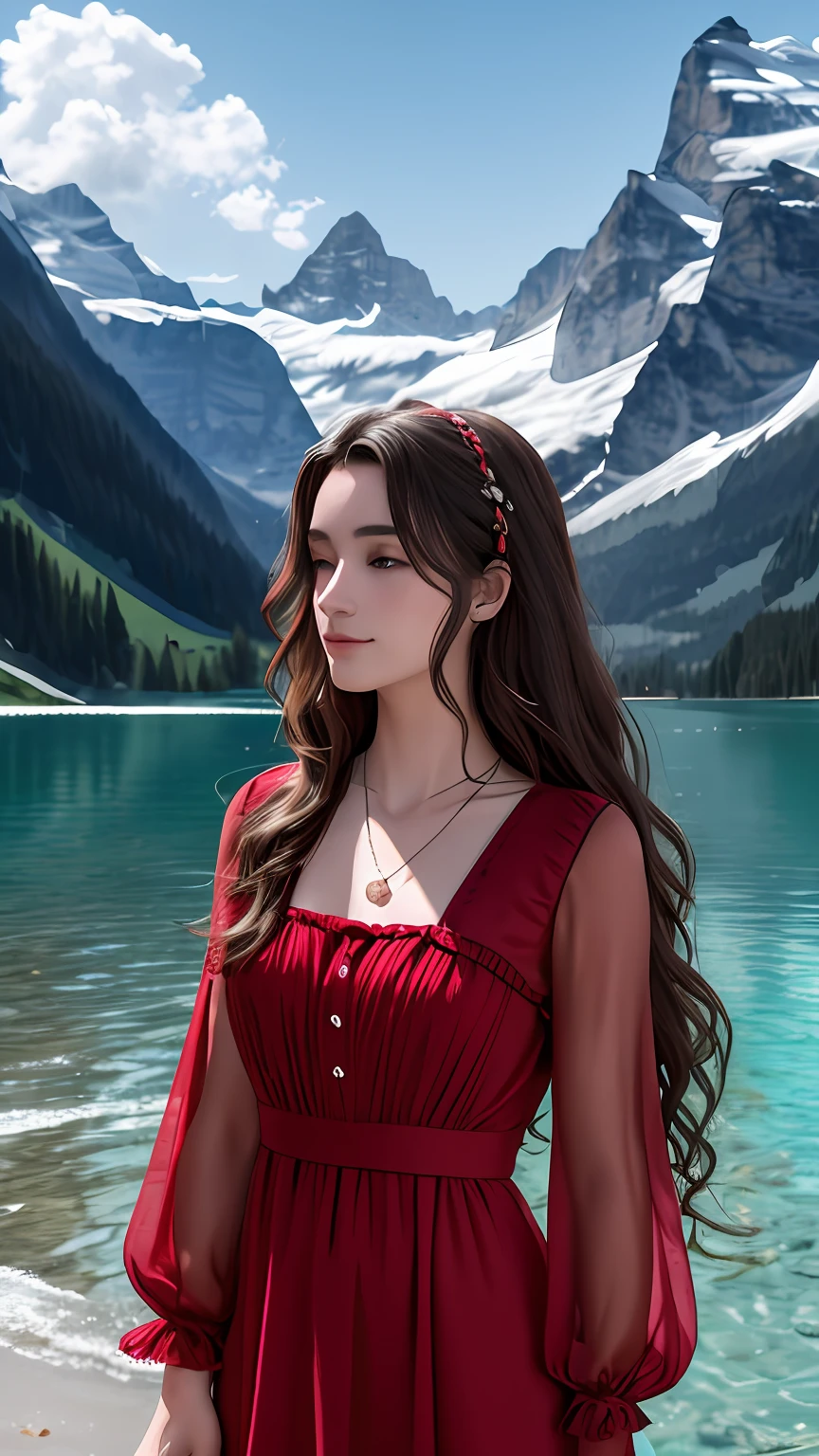 masterpiece,ultra realistic,32k,extremely detailed CG unity 8k wallpaper, best quality,
The Swiss Alps, Switzerland, ( Dark red A-line dress ) ,((spring day )), Beachy waves with a side part ,eardrop,lady ,necklace,