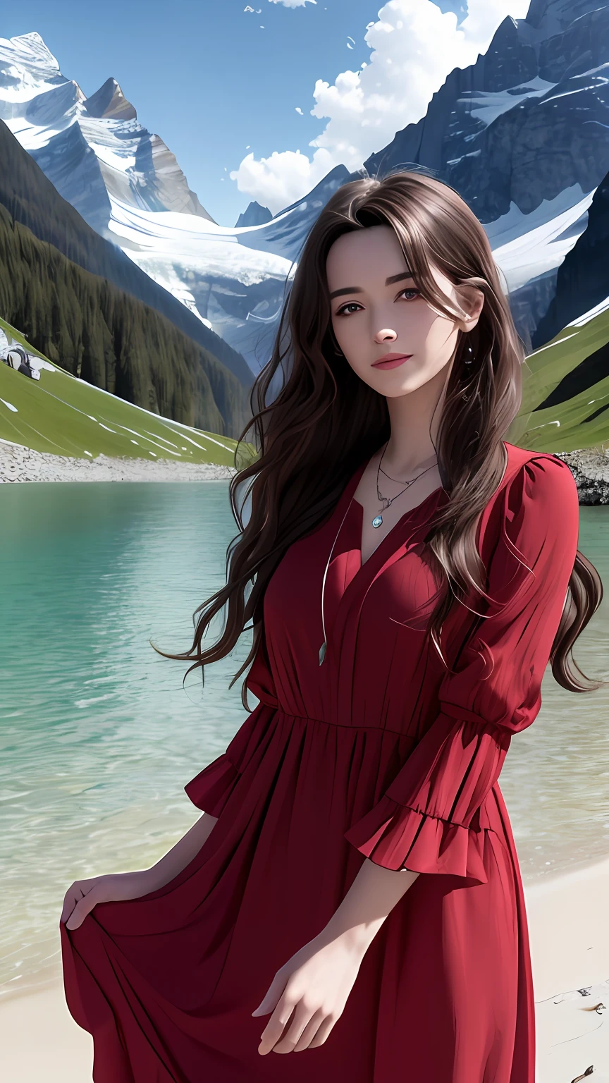 masterpiece,ultra realistic,32k,extremely detailed CG unity 8k wallpaper, best quality,
The Swiss Alps, Switzerland, ( Dark red A-line dress ) ,((spring day )), Beachy waves with a side part ,eardrop,lady ,necklace,