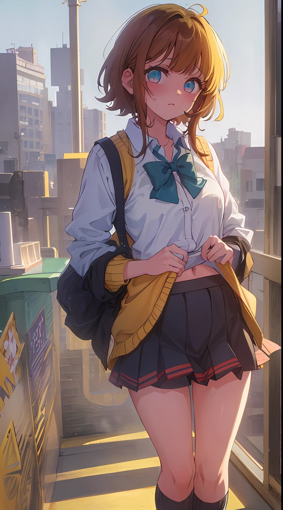 Main girl is beautiful and cute, full body, full body illustration, best illustration, , realistic and elaborate uniform, high school uniform, ((highest quality)), ((masterpiece)), (detail: 1.4), anatomical, award-winning concept art, beautiful, fine details, portrait, look viewer, (full body view)), 1 girl, full body, solo, 6 years old, elementary schnt, child air, short hair, Blue and pies, big eyes, dark brown blazer, maroon sweater, checked skirt, dark green and maroon skirt, black hiso, orange large ribbon, white blouse, underwear, panties, skirt, white panties, wet, shirt, wet clothes, skirt lift, blush, classroom, navel,lift below chest, clothes lift, easy background, lifting clothes, Uniform, Japan cute school uniform, blazer, look away, short sleeve, loli, skinny, elementary, loli, baby face, cute, young appearanc fantastic visual depictio profeffect, beautiful girl, petite girl, sweaty transparent clothes, uneven, absurdity, heel up loafers,gen and brown hair, main girl is beautiful and cute