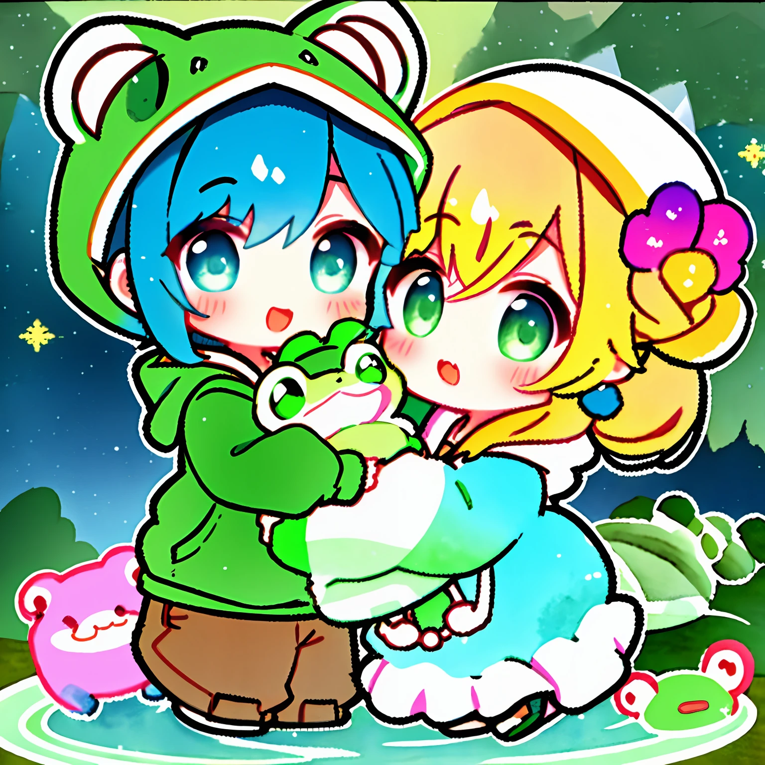 Chibi、Two-headed body、full body Esbian、The frog has、Wearing a hoodie hoodie with a frog face、Lake in the background、Simple backgrounds、Watercolor touch、daub、colourfull、Active Pose、Pigtails、mesugaki、thick eyebrow、Beautiful green hair、Braids、(​masterpiece)、((top-quality))、girl with、独奏、(beautidful eyes))、beatiful detailed eyes、Five Fingers、textile shading、