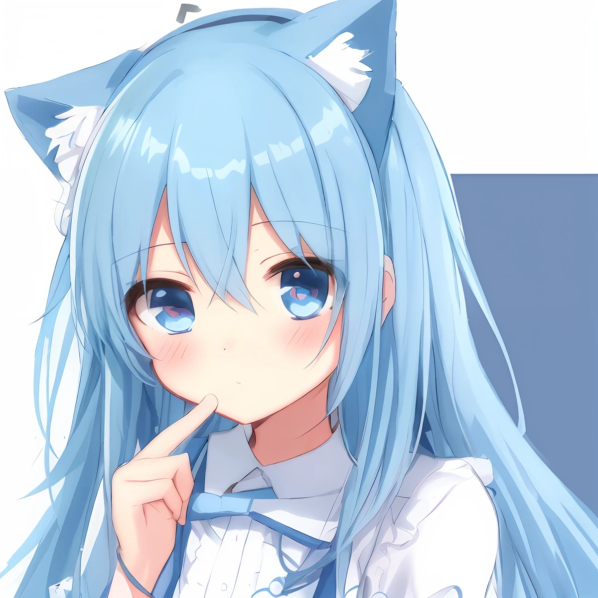 Anime girl with light blue hair and blue eyes white sweatshirt, Anime moe art style, mikudayo, with index finger, anime visual of a cute girl, Cute anime girl, senko-san, anime best girl, up of young anime girl, nightcore, An anime girl, Anime girl, anime girl with cat ears, white cyan, maid hair band