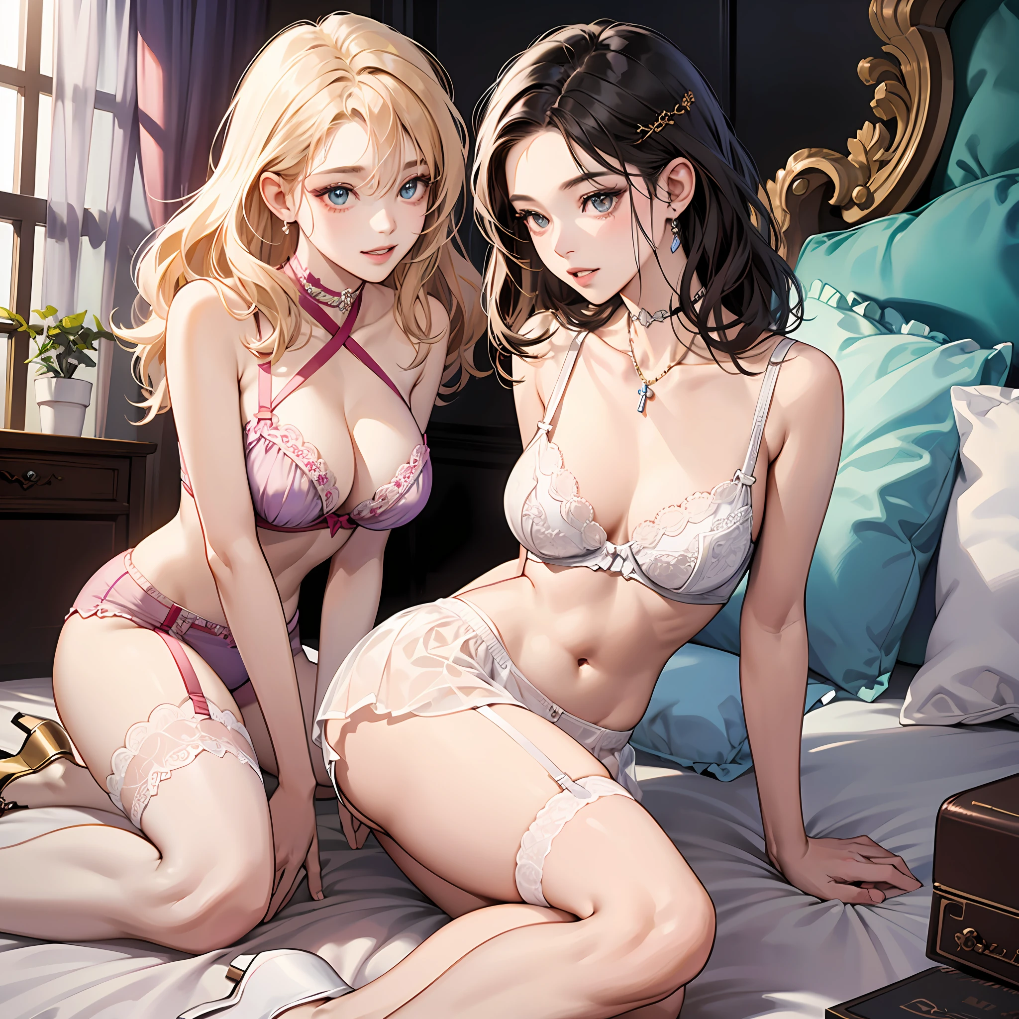 High Image Quality Women open、Beautiful detailed whole body、girl with、femele、femele、年轻、20 years old、hair wavy、saintbeautiful detailed faces、Intricate details beautiful and delicate eyes、Light smile、Bright pupils、Parted lips、large full breasts、criss-cross、a choker、no-bra、Garter Strap、On the bed、spread legswide、M word、high-heels、a necklace、耳Nipple Ring --auto