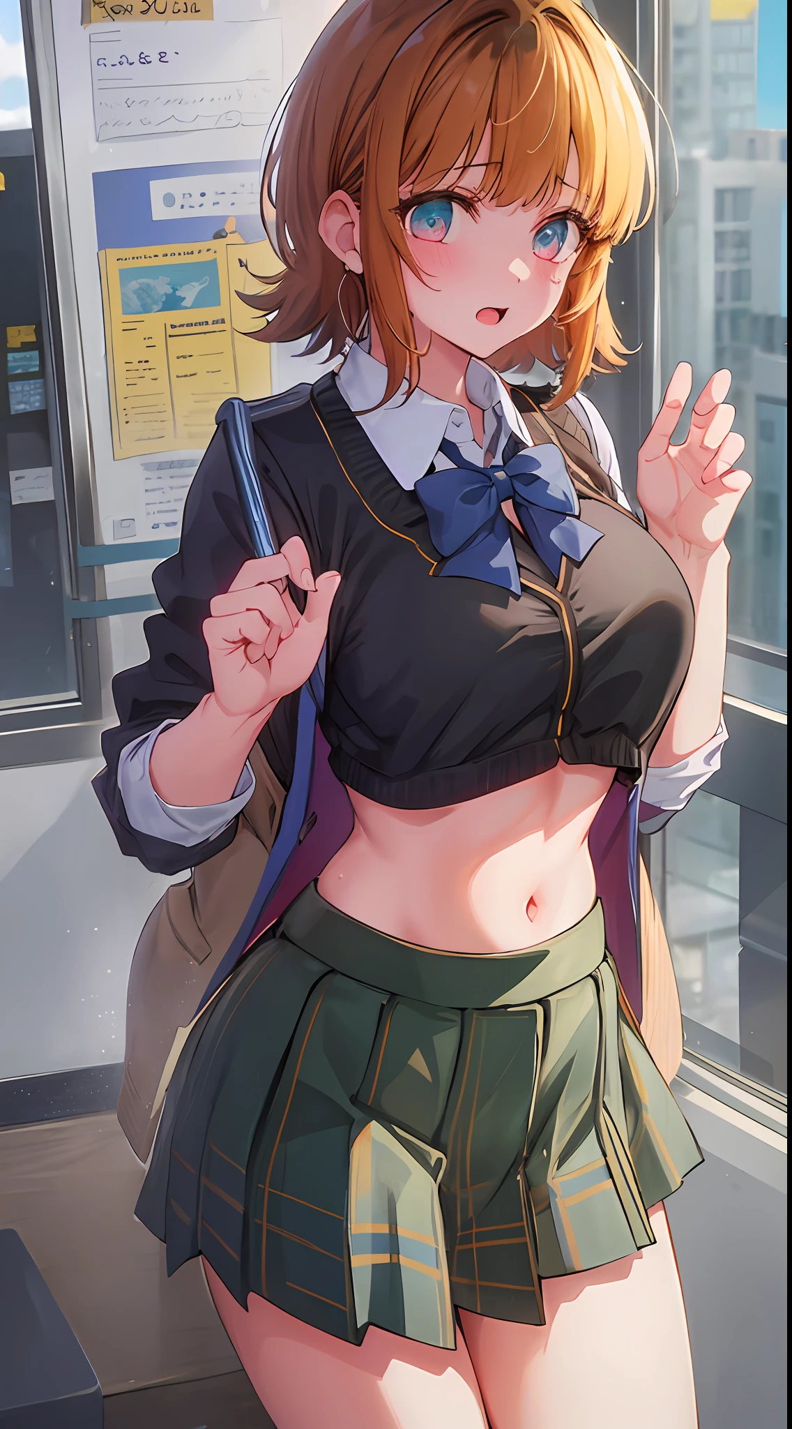 Main girl is beautiful and cute, full body, full body illustration, best illustration, elementary school student, realistic and elaborate uniform, high school uniform, ((highest quality)), ((masterpiece)), (detail: 1.4), anatomical, award-winning concept art, beautiful, fine details, portrait, look viewer, (full body view)), 1 girl, full body, solo, 6 years old, elementary school student, child actor, golden and brown hair, short hair, Blue and pink eyes, big eyes, dark brown blazer, maroon sweater, checked skirt, dark green and maroon skirt, black hiso, orange large ribbon, white blouse, underwear, panties, skirt, white panties, wet, shirt, wet clothes, skirt lift, blush, classroom, navel,lift below chest, clothes lift, easy background, lifting clothes, Uniform, Japan cute school uniform, blazer, look away, short sleeve, loli, skinny, elementary, loli, baby face, cute, young appearance, fantastic visual depiction, professional effect, beautiful girl, petite girl, sweaty transparent clothes, uneven, absurdity, heel up loafers,golden and brown hair, main girl is beautiful and cute