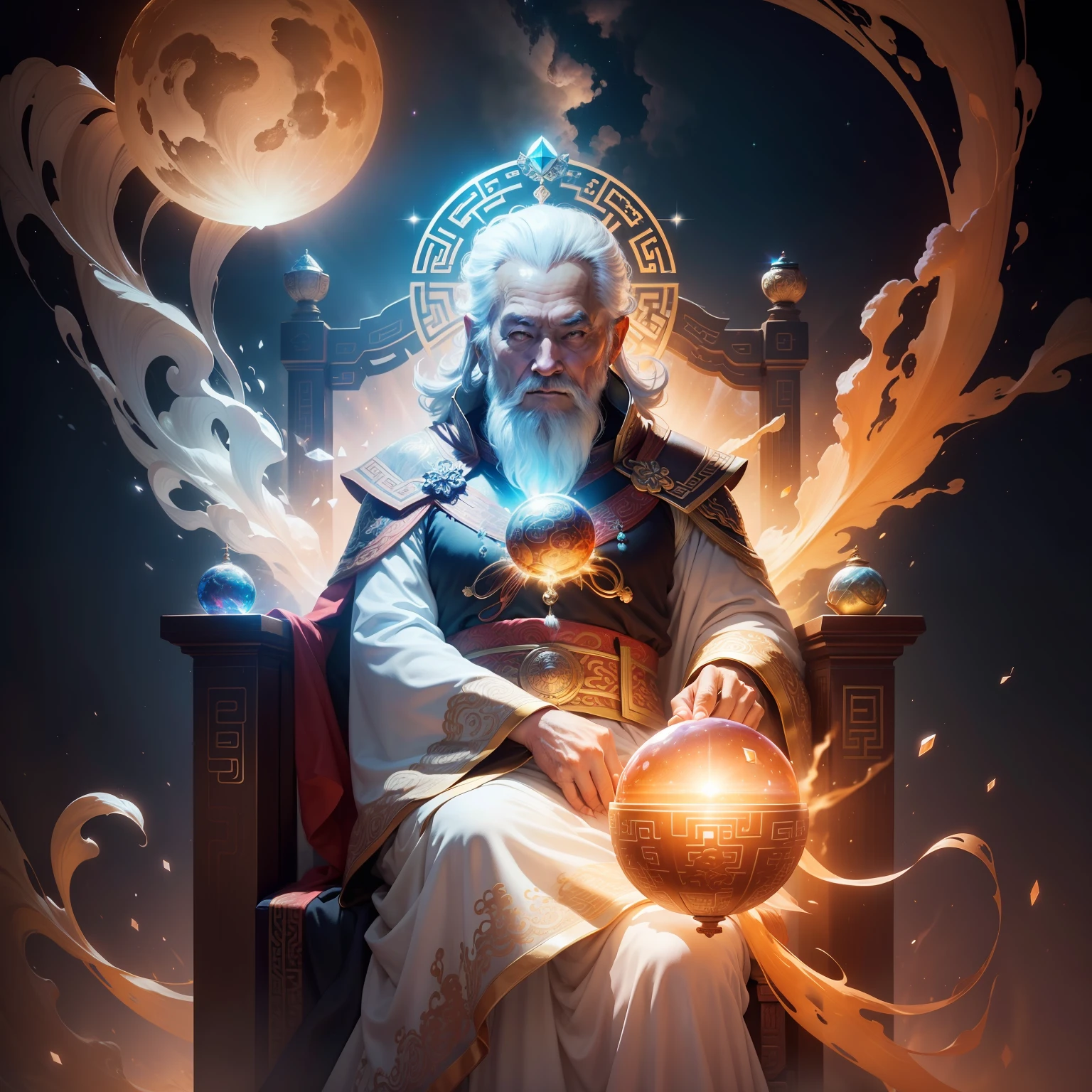super high resolution, best quality, photo, 16k, (photorealistic: 1.2), cinematic lighting, An old man in the shape of a Chinese mythical god. Depict the god holding the sun and moon, enveloped by a radiant aura. Seat them on a magnificent throne within a cosmic backdrop, in bright white cloaks floating on the crystal throne, floating on crystal clouds, surrounded by the splendors of the universe. Pay meticulous attention to stunning details and achieve a resolution of 64K for an immersive and realistic visual experience. Let your work capture the essence of myth and wonder, leaving viewers in awe of its beauty and power.