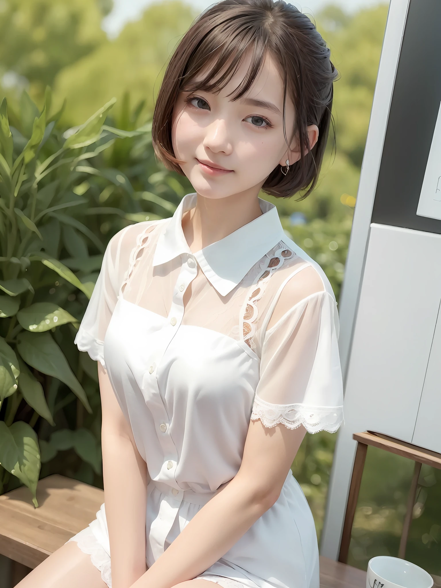 (8k、top-quality、masterpiece:1.2)、(realisitic、Photorealsitic:1.37)、ultra-detailliert、女の子 1 人、cute little、独奏、Beautiful detailed sky、Detailed Cafe、natta、sitting on、date、(Nasal blush)、 (a smile:1.15)、(a closed mouth)、small tits、Fine and beautiful eyes、(shirt with collar:1.1)、Wet、Transaction service、White lace、(short-hair:1.2)、Float NovaFrogStyle、toppless、Fromside:1.3