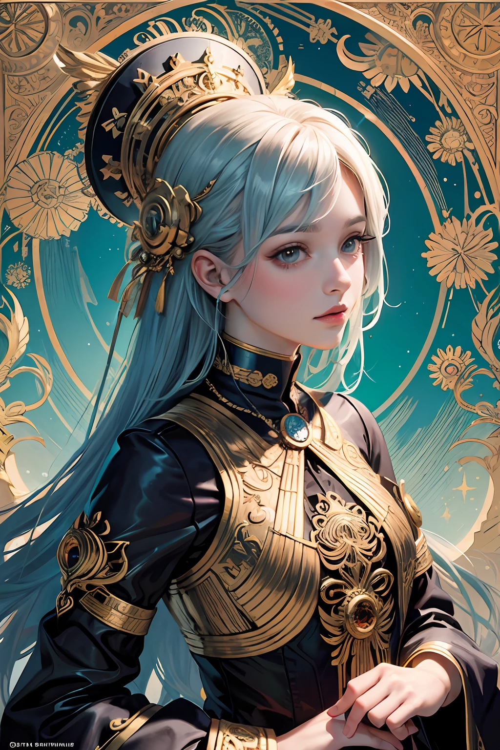 (masterpiece, top quality, best quality, official art, beautiful and aesthetic:1.2), (1girl), extreme detailed,colorful,highest detailed, official art, unity 8k wallpaper, ultra detailed, beautiful and aesthetic, beautiful, masterpiece, best quality, (zentangle, mandala, tangle, entangle) ,holy light,gold foil,gold leaf art,glitter drawing, PerfectNwsjMajic