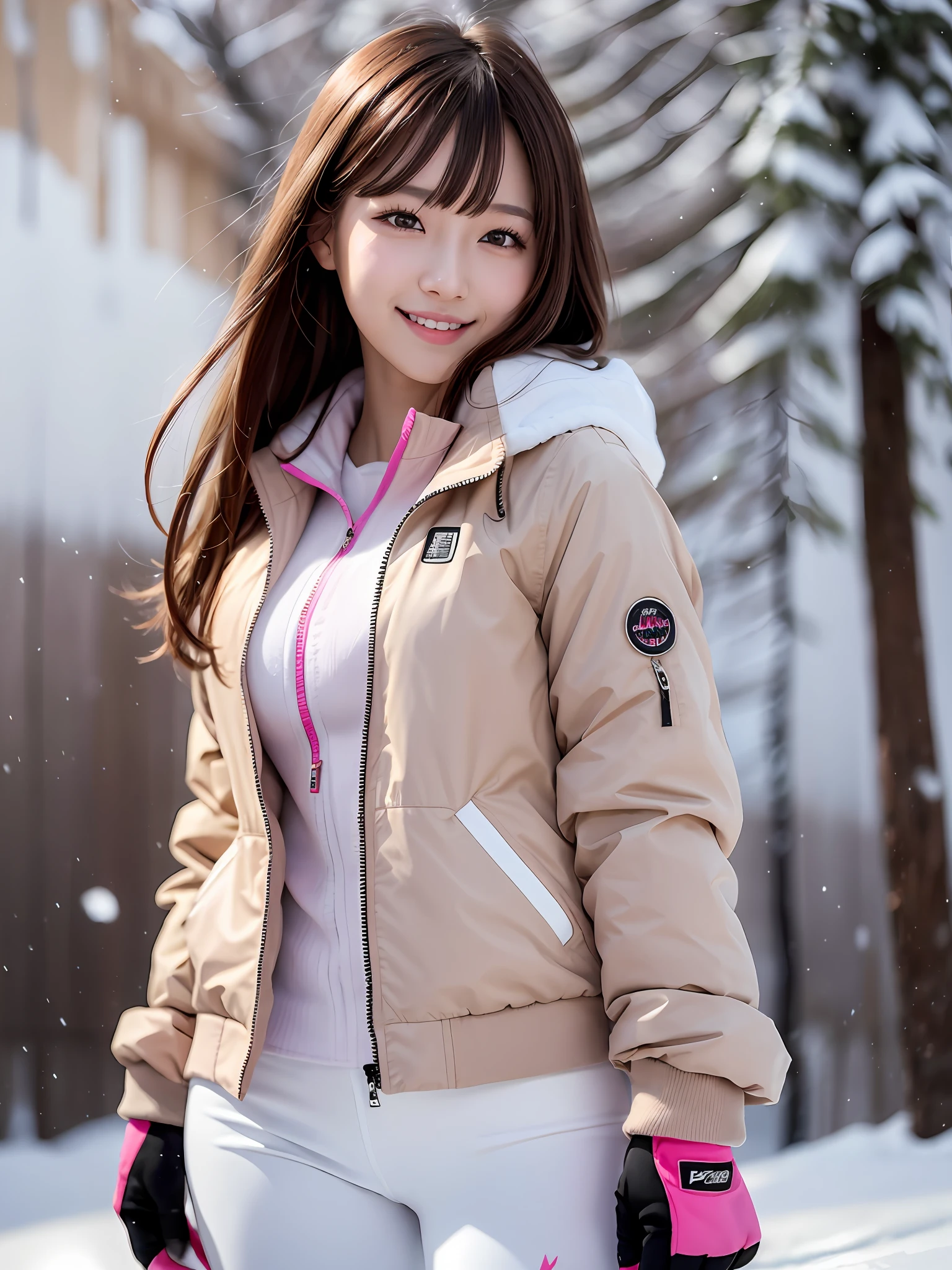 the best quality, 1 girl per 1 photo, cowboy shot, front view, a Japanese young pretty girl, long bob hair, skiing on a snow-covered slope in white and pink ski clothes with a big smile, wearing a long sleeves while and pink ski jacket, long length white ski pants, snowing, hyper cute face, glossy lips, double eyelids for both eyes, natural makeup, shiny smooth light brown hair of long bob hair, asymmetrical bangs, tanned skin, central image, 8K resolution, high detail, detailed hairstyle, detailed face, cinematic lighting, octane rendering, hyper realistic, perfect limbs, perfect anatomy