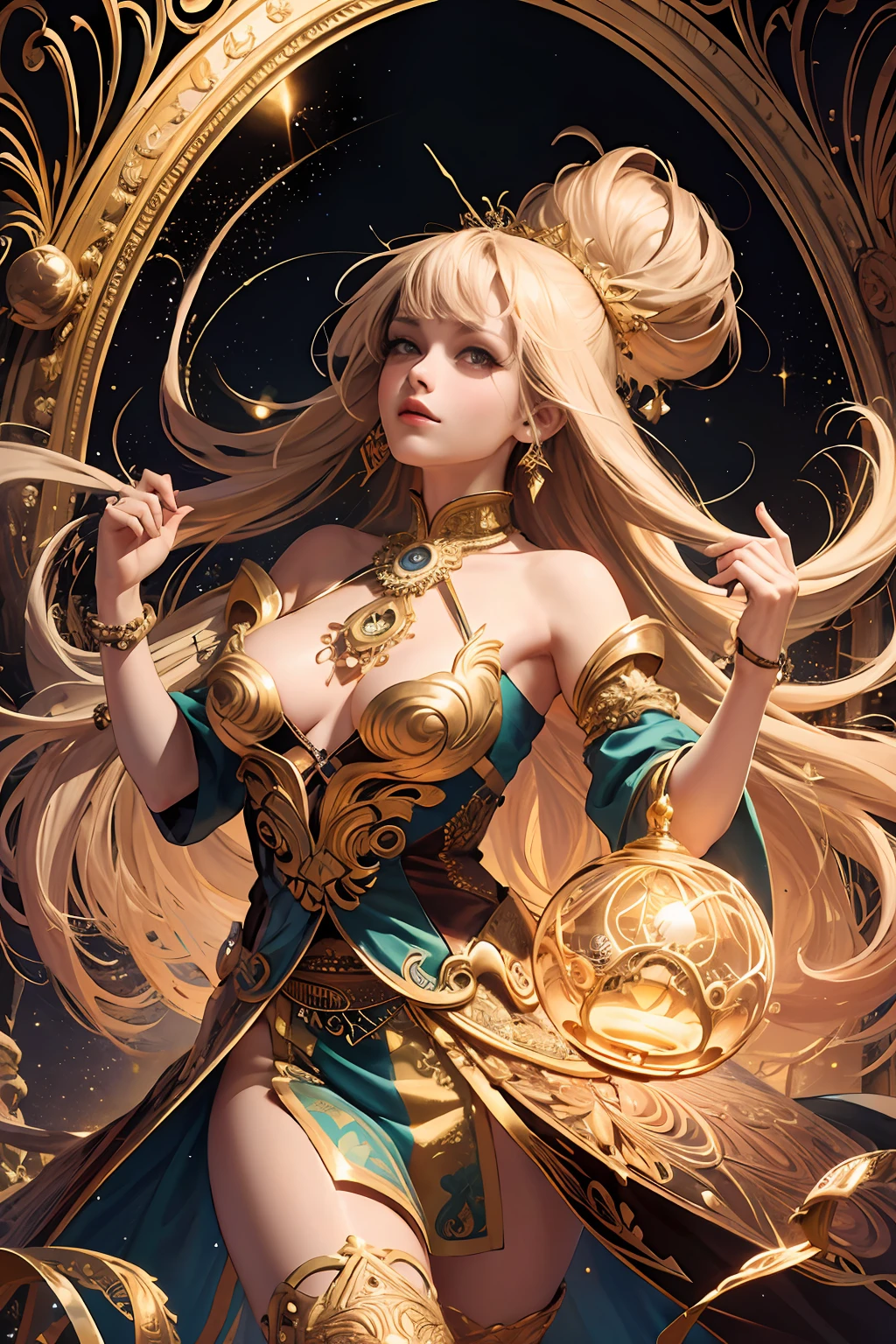 (masterpiece, top quality, best quality, official art, beautiful and aesthetic:1.2), (1girl), extreme detailed,colorful,highest detailed, official art, unity 8k wallpaper, ultra detailed, beautiful and aesthetic, beautiful, masterpiece, best quality, (zentangle, mandala, tangle, entangle) ,holy light,gold foil,gold leaf art,glitter drawing, PerfectNwsjMajic
