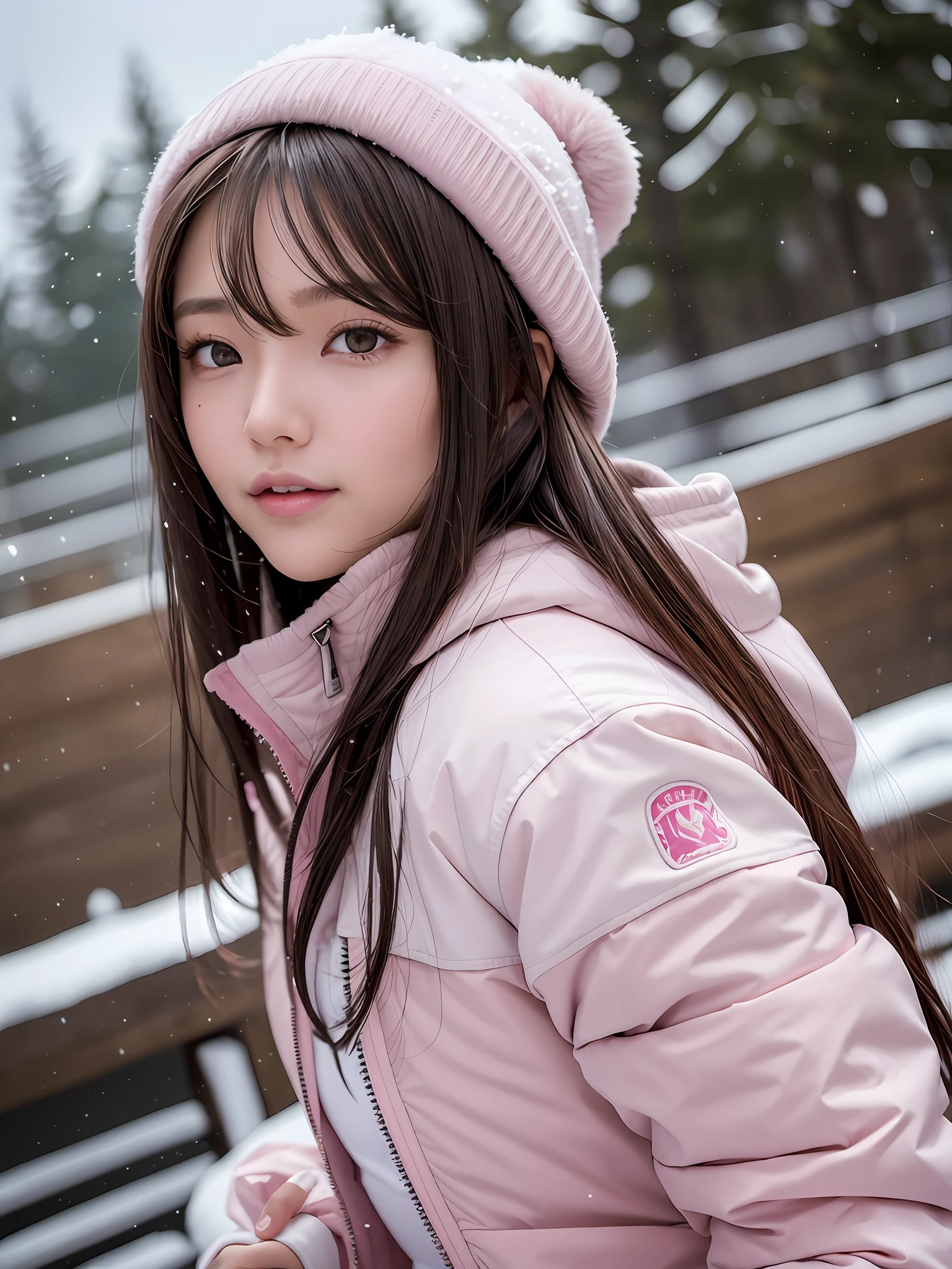 the best quality, 1 girl per 1 photo, cowboy shot, front view, a Japanese young pretty girl, long bob hair, skiing on a snow-covered slope in white and pink ski clothes with a big smile, wearing a long sleeves while and pink ski jacket, long length white ski pants, snowing, hyper cute face, glossy lips, double eyelids for both eyes, natural makeup, shiny smooth light brown hair of long bob hair, asymmetrical bangs, tanned skin, central image, 8K resolution, high detail, detailed hairstyle, detailed face, cinematic lighting, octane rendering, hyper realistic, perfect limbs, perfect anatomy