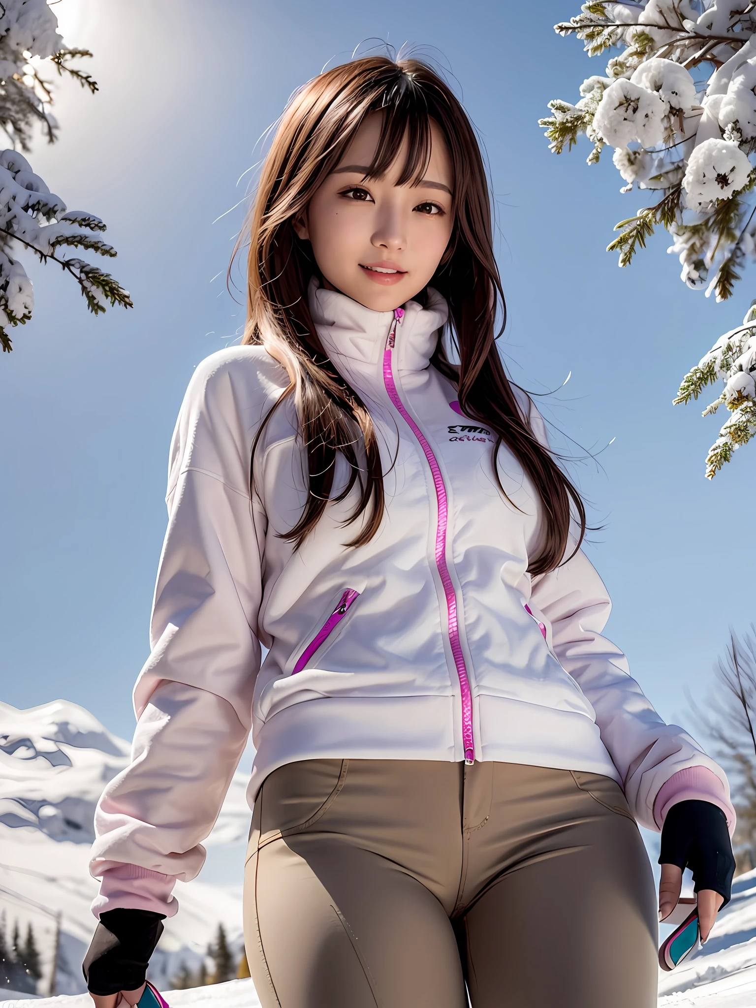 the best quality, 1 girl per 1 photo, cowboy shot, front view, a Japanese young pretty girl, long bob hair, skiing on a snow-covered slope in white and pink ski clothes with a big smile, wearing a long sleeves while and pink ski jacket, long length white ski pants, snowing, hyper cute face, glossy lips, double eyelids for both eyes, natural makeup, shiny smooth light brown hair of long bob hair, asymmetrical bangs, tanned skin, central image, 8K resolution, high detail, detailed hairstyle, detailed face, cinematic lighting, octane rendering, hyper realistic, perfect limbs, perfect anatomy