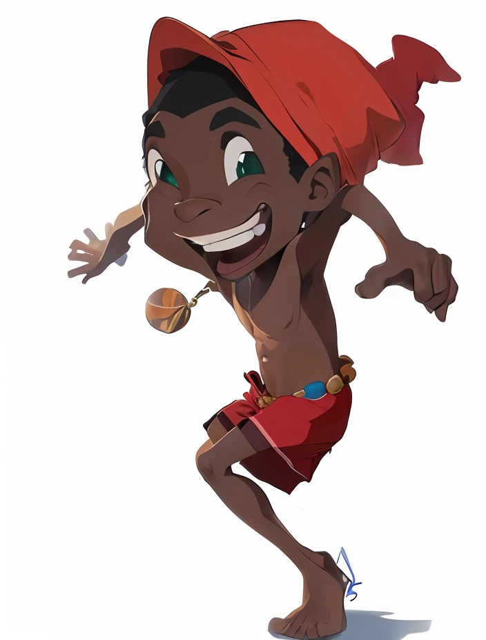 African cartoon boy in red swim trunks and a red hat, imagem dos desenhos animados, desenho animado ainda, Homem africano, personagem de desenho animado, design de personagens animados, dancing character, animation character, full-colour illustration, full-colour illustration, animation still, in cartoon style, Caricato e simplista, Homem de pele marrom com um sorriso gigante, character design for animation, comic character design, cartoon illustration