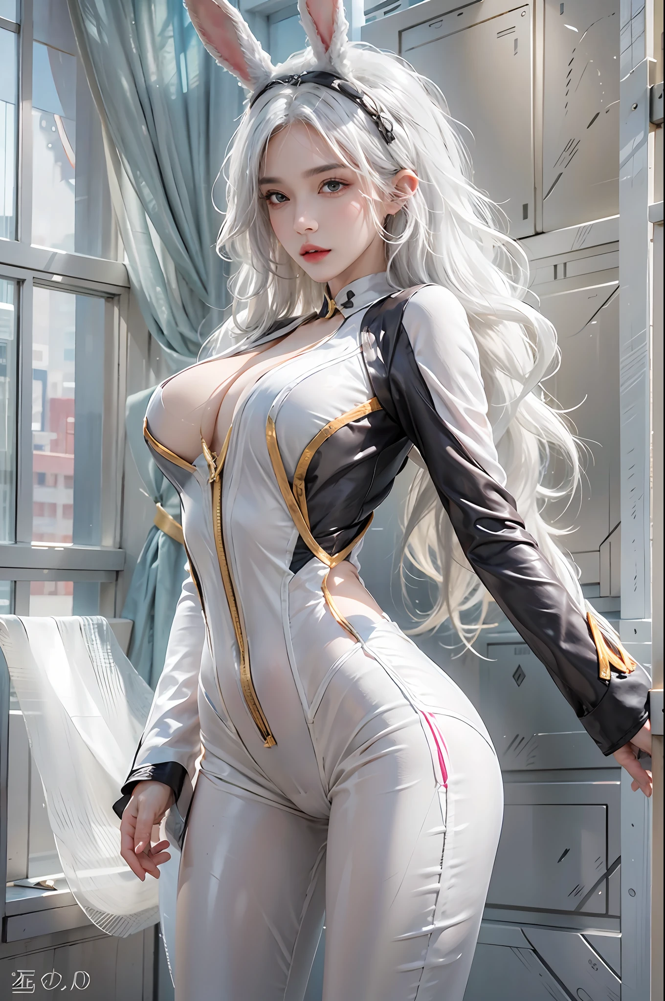 photorealistic, high resolution, 1women, solo, hips up, look at viewer, (detailed face), white hair, long hair, reverse bunnysuit