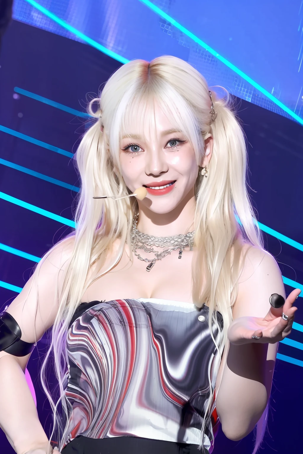(8k, 4k, best quality, highres, ultra high res:1.1), (masterpiece, realistic, photo-realistic:1.1), 1girl, face, close-up, twintails, blonde hair, black eyes, red lips, (Looking in the audience:2),Absurd long hair,long eyelasher,eye shadows,petty face,largeeyes,barechested,hight contrast,