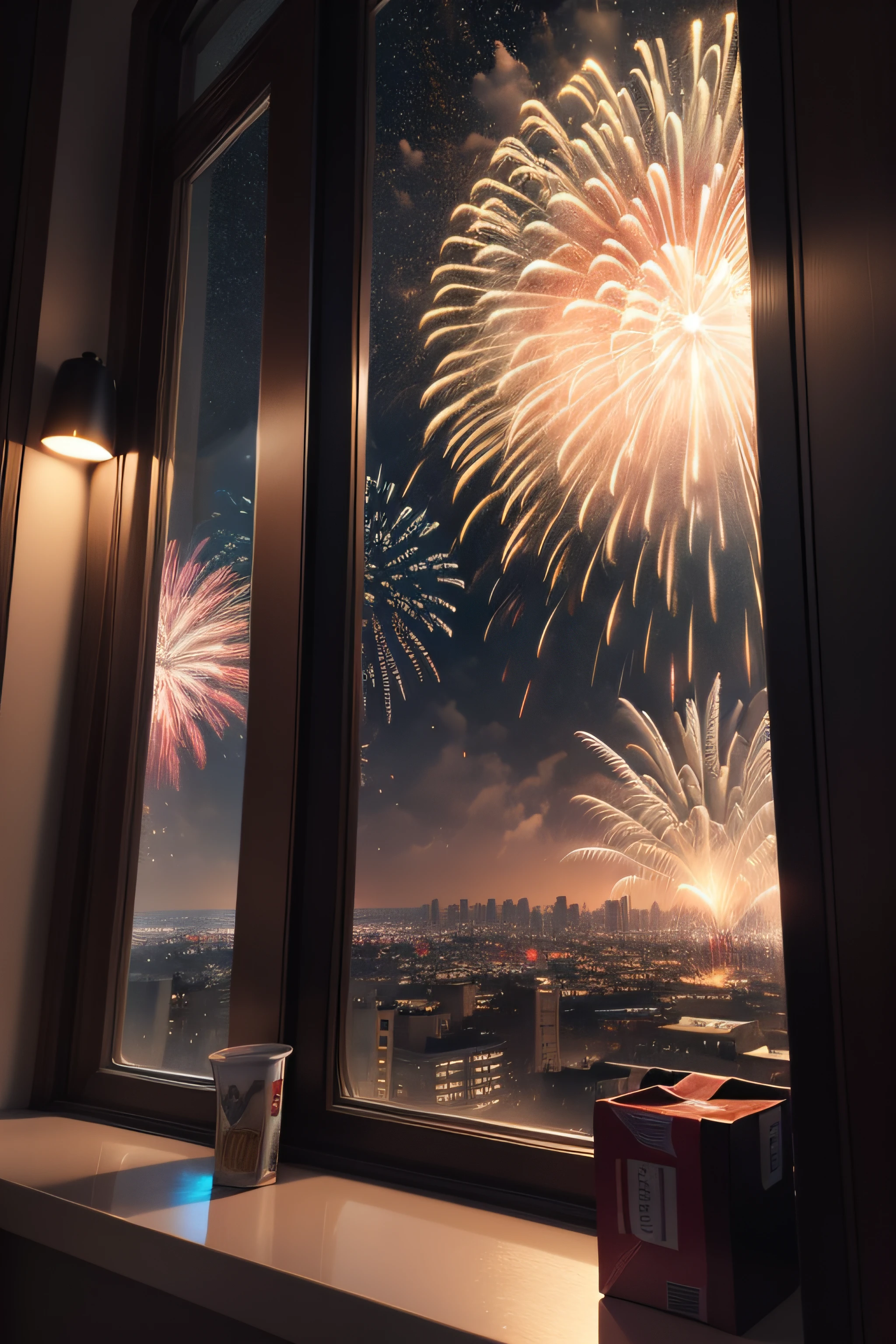 realistic and detailed image of New Year's fireworks in the sky seen from a window of a building