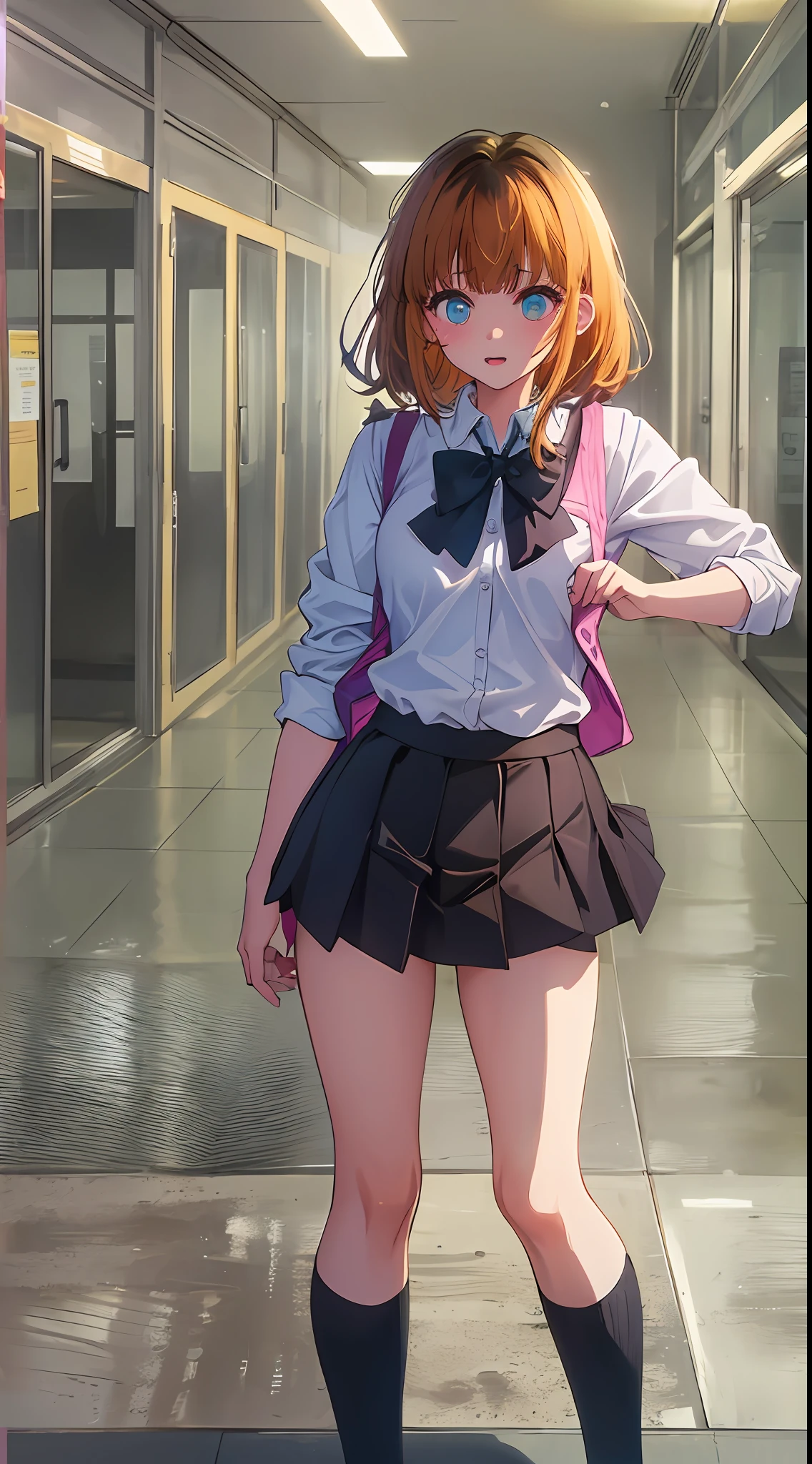 Main girl is beautiful and cute, full body, full body illustration, best illustration, , realistic and elaborate uniform, high school uniform, ((highest quality)), ((masterpiece)), (detail: 1.4), anatomical, award-winning concept art, beautiful, fine details, portrait, look viewer, (full body view)), 1 girl, full body, solo, 6 years old, elementary schnt, child air, short hair, Blue and pies, big eyes, dark brown blazer, maroon sweater, checked skirt, dark green and maroon skirt, black hiso, orange large ribbon, white blouse, underwear, panties, skirt, white panties, wet, shirt, wet clothes, skirt lift, blush, classroom, navel,lift below chest, clothes lift, easy background, lifting clothes, Uniform, Japan cute school uniform, blazer, look away, short sleeve, loli, skinny, elementary, loli, baby face, cute, young appearanc fantastic visual depictio profeffect, beautiful girl, petite girl, sweaty transparent clothes, uneven, absurdity, heel up loafers,gen and brown hair, main girl is beautiful and cute