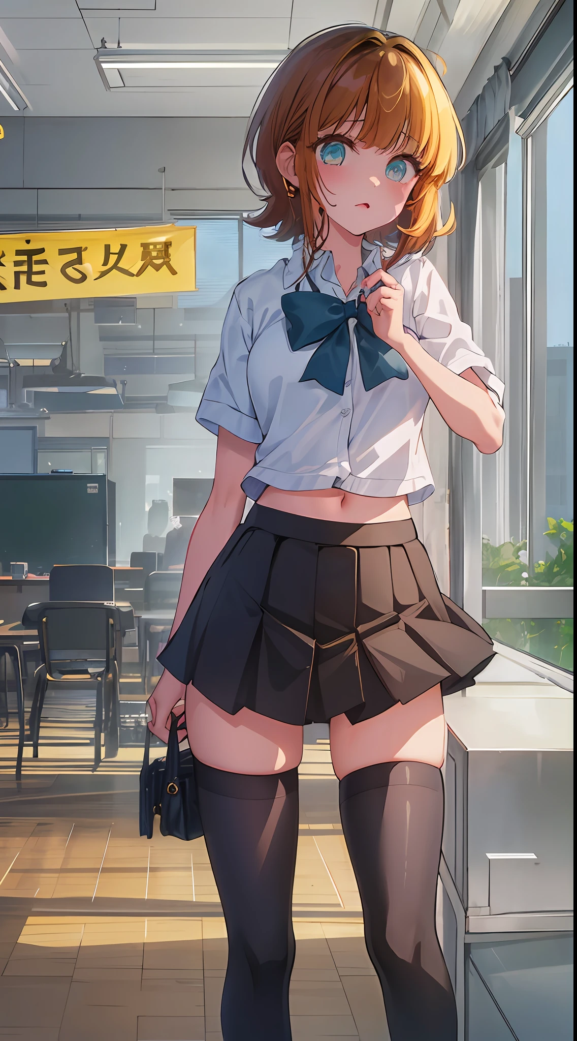 Main girl is beautiful and cute, full body, full body illustration, best illustration, , realistic and elaborate uniform, high school uniform, ((highest quality)), ((masterpiece)), (detail: 1.4), anatomical, award-winning concept art, beautiful, fine details, portrait, look viewer, (full body view)), 1 girl, full body, solo, 6 years old, elementary schnt, child air, short hair, Blue and pies, big eyes, dark brown blazer, maroon sweater, checked skirt, dark green and maroon skirt, black hiso, orange large ribbon, white blouse, underwear, panties, skirt, white panties, wet, shirt, wet clothes, skirt lift, blush, classroom, navel,lift below chest, clothes lift, easy background, lifting clothes, Uniform, Japan cute school uniform, blazer, look away, short sleeve, loli, skinny, elementary, loli, baby face, cute, young appearanc fantastic visual depictio profeffect, beautiful girl, petite girl, sweaty transparent clothes, uneven, absurdity, heel up loafers,gen and brown hair, main girl is beautiful and cute
