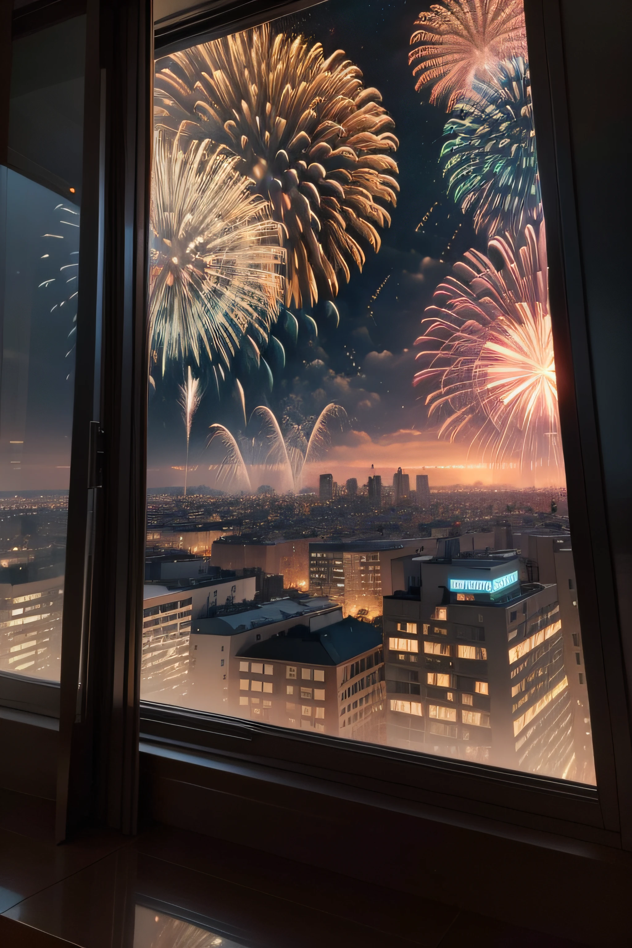 realistic and detailed image of New Year's fireworks in the sky seen from a window of a building
