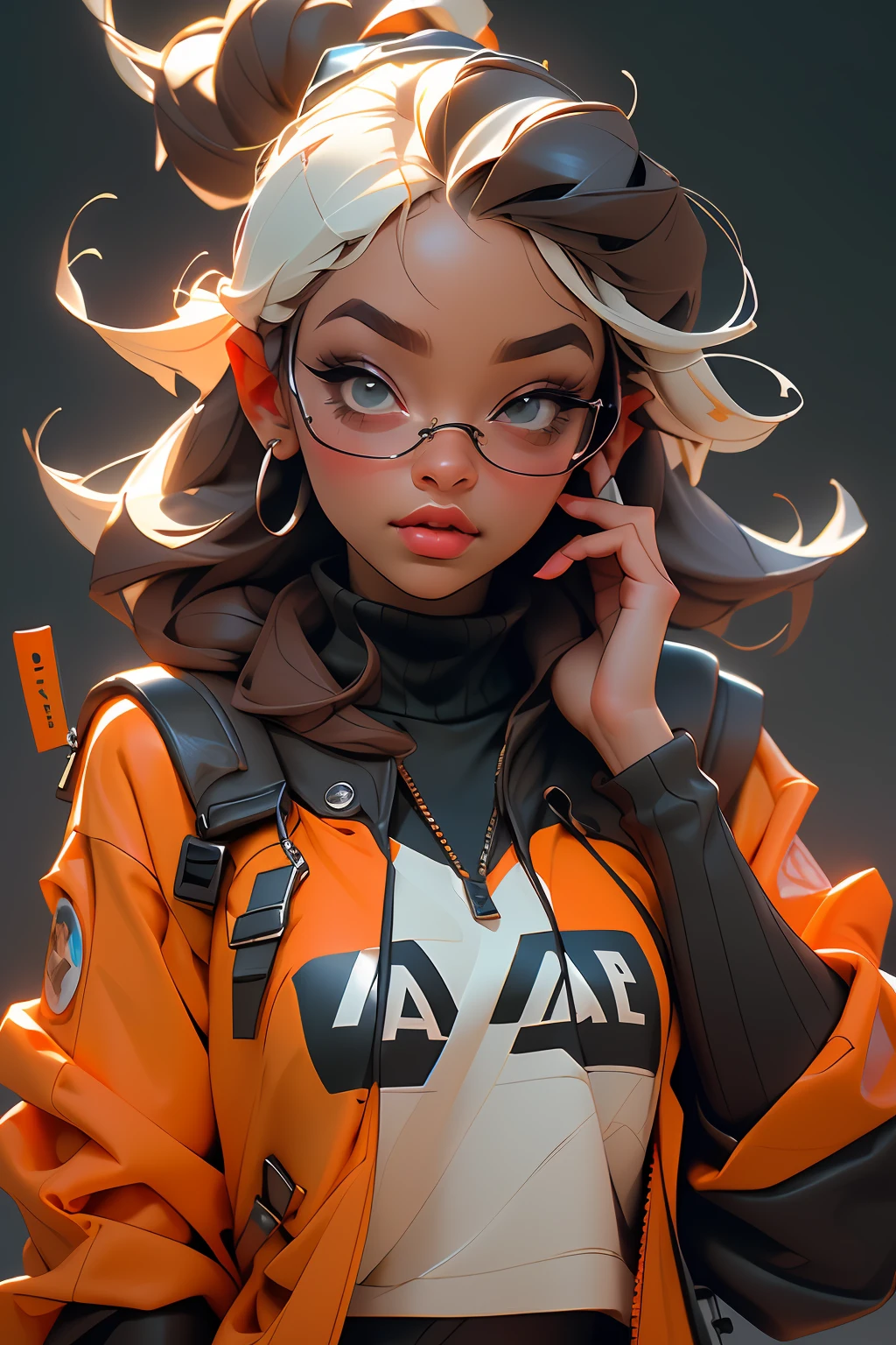 ((Melhor qualidade)), ((obra-prima)), ((realista)) e fotografia ultra-detalhada de uma garota 1nerd com fones de ouvido neon. Corpo inteiro. Ela tem ((cabelo preto)), is wearing an orange techwear jacket, e exala uma vibe ((beautiful and aesthetic)) .