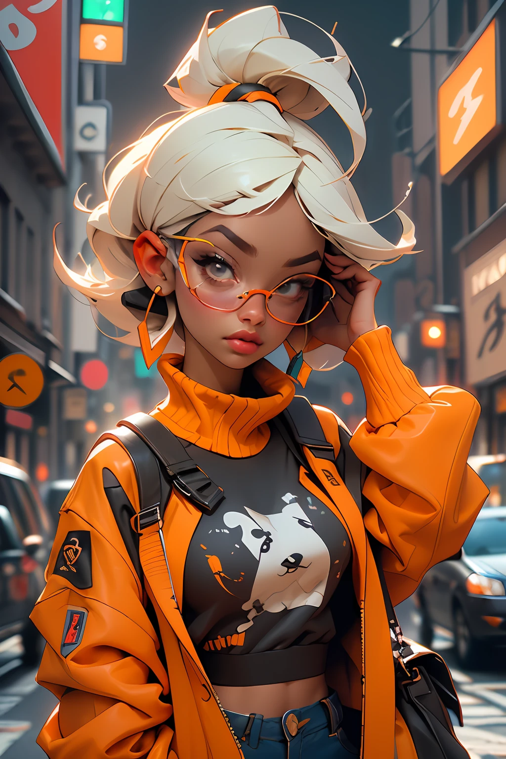 ((Melhor qualidade)), ((obra-prima)), ((realista)) e fotografia ultra-detalhada de uma garota 1nerd com fones de ouvido neon. Corpo inteiro. Ela tem ((cabelo preto)), is wearing an orange techwear jacket, e exala uma vibe ((beautiful and aesthetic)) .