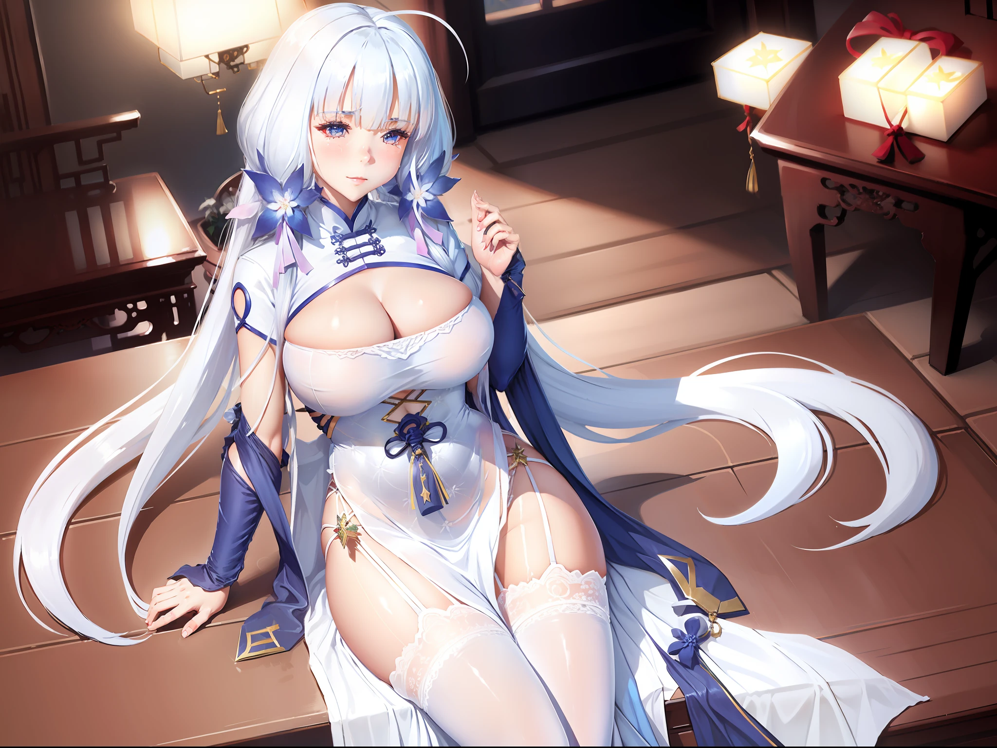 illustrious (maiden lily's radiance) (azur lane)，bodystocking，white hair, very long hair, blue eyes, hair ornaments, breasts, cleavage, china dress, chinese clothes, official alternate costume, white thighhighs, garter straps, short sleeves,