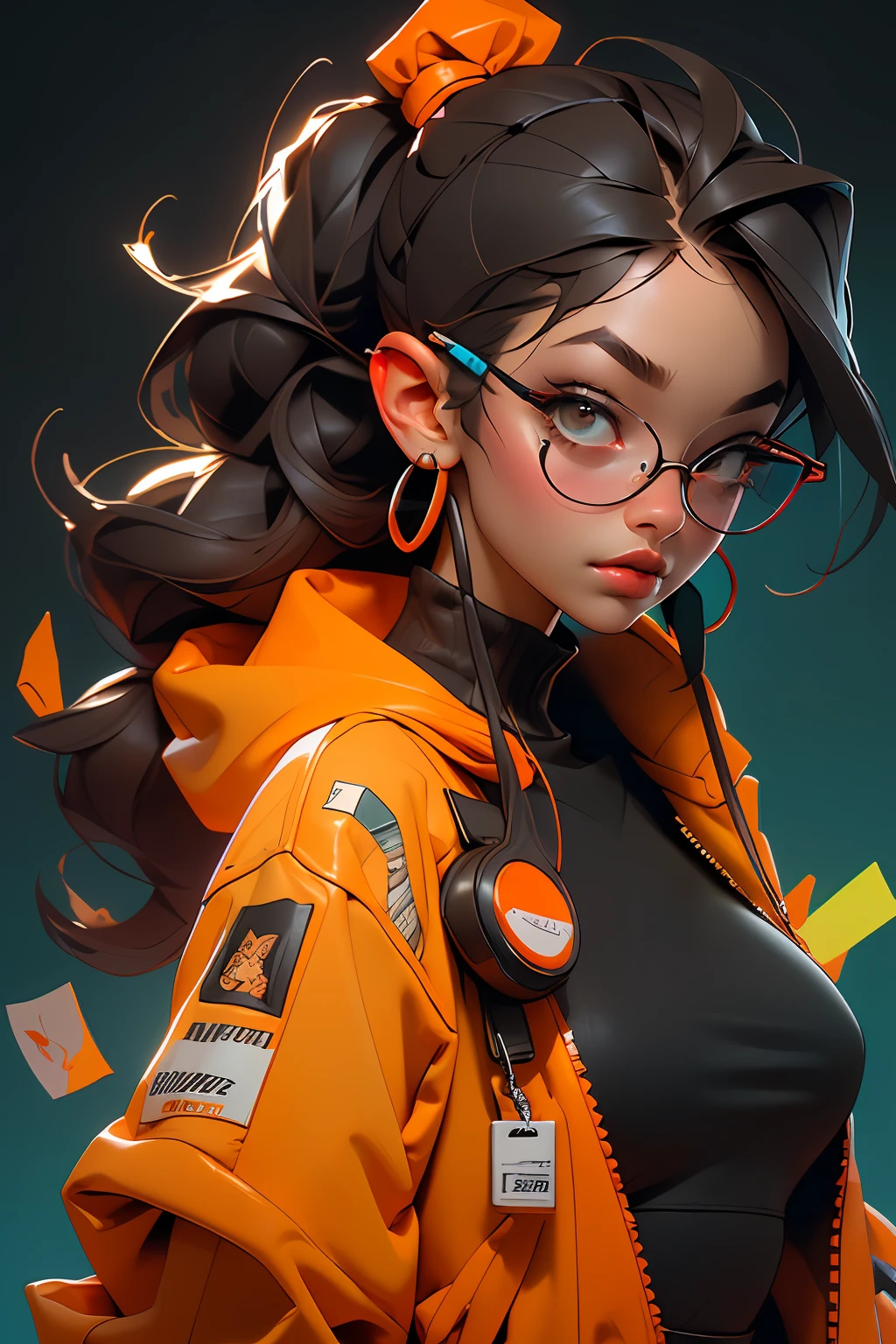 ((Melhor qualidade)), ((obra-prima)), ((realista)) e fotografia ultra-detalhada de uma garota 1nerd com fones de ouvido neon. Corpo inteiro. Ela tem ((cabelo preto)), is wearing an orange techwear jacket, e exala uma vibe ((beautiful and aesthetic)) .