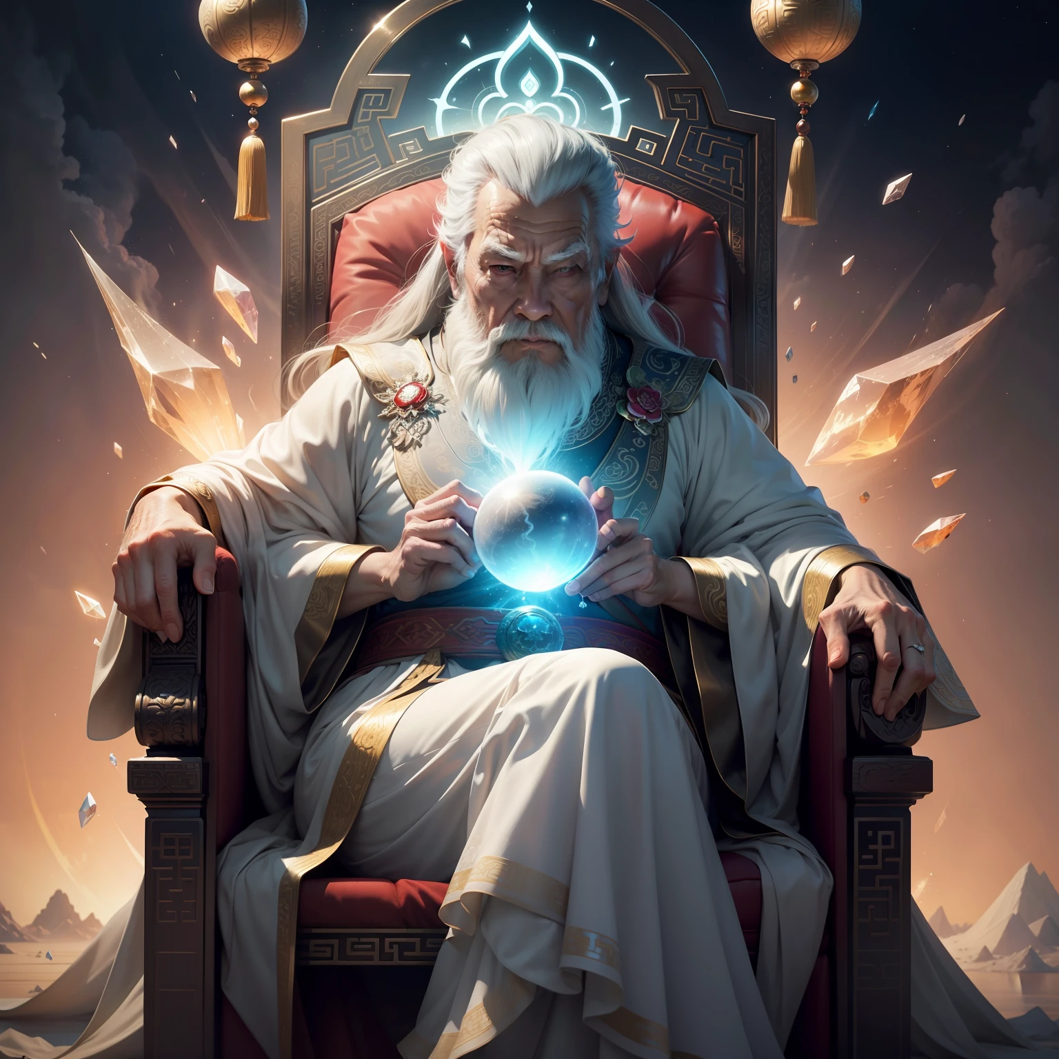 super high resolution, best quality, photo, 16k, (photorealistic: 1.2), cinematic lighting, An old man in the shape of a Chinese mythical god. Depict the god holding the sun and moon, enveloped by a radiant aura. Seat them on a magnificent throne within a cosmic backdrop, in bright white cloaks floating on the crystal throne, floating on crystal clouds, surrounded by the splendors of the universe. Pay meticulous attention to stunning details and achieve a resolution of 64K for an immersive and realistic visual experience. Let your work capture the essence of myth and wonder, leaving viewers in awe of its beauty and power.
