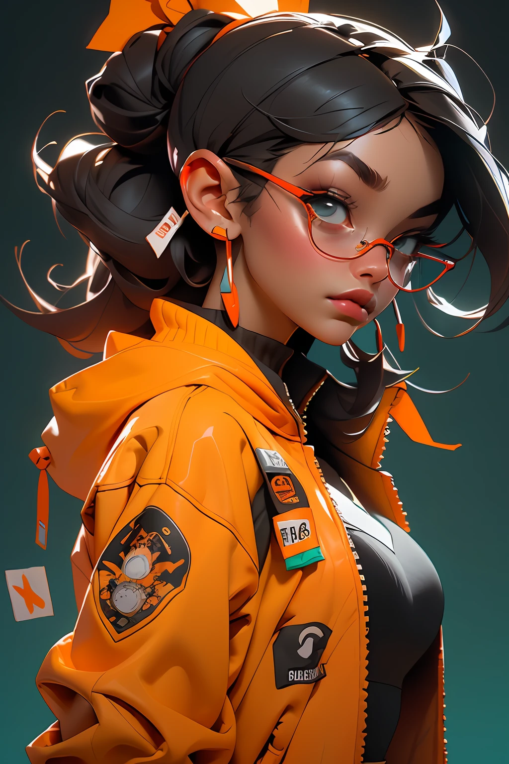 ((Melhor qualidade)), ((obra-prima)), ((realista)) e fotografia ultra-detalhada de uma garota 1nerd com fones de ouvido neon. Corpo inteiro. Ela tem ((cabelo preto)), is wearing an orange techwear jacket, e exala uma vibe ((beautiful and aesthetic)) .